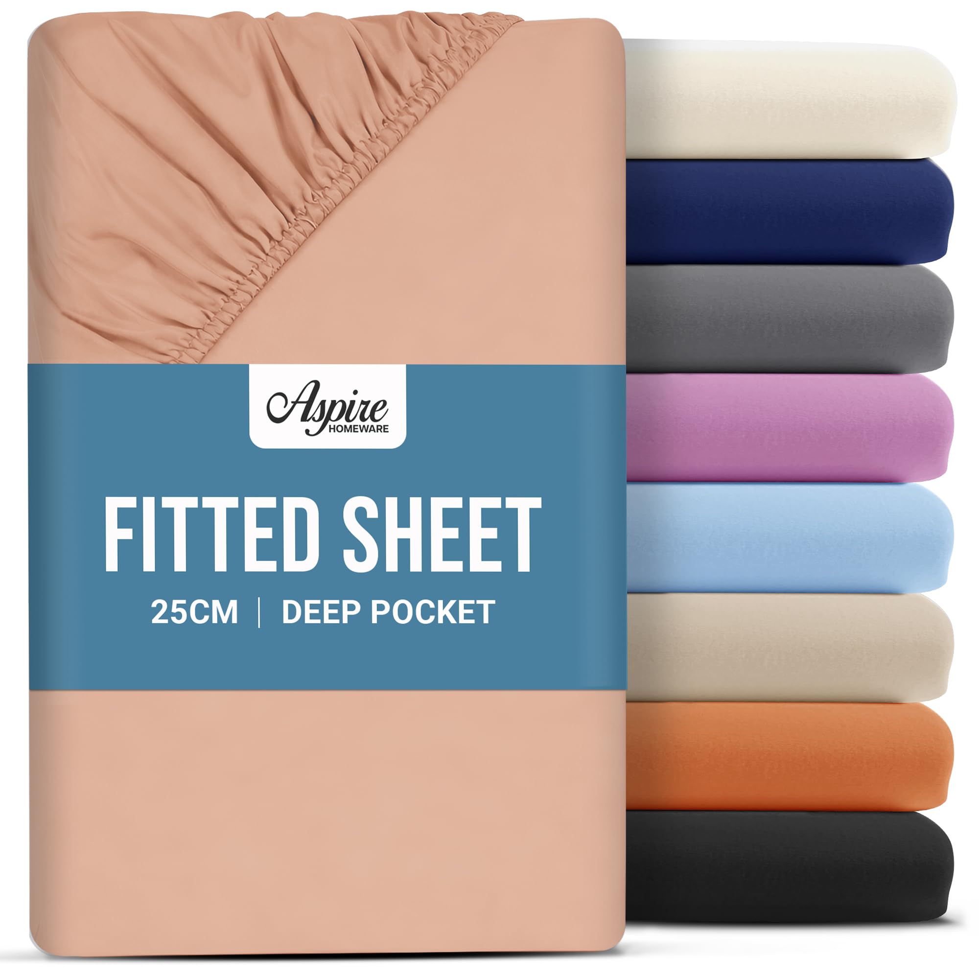 Aspire Homeware Peach Double Fitted Sheet - 25 Cm Deep Hotel Quality (Peach) Bed Sheets - Soft & Breathable Fitted Bed Sheets Double - Anti-Wrinkle Easy Care Fitted Sheets