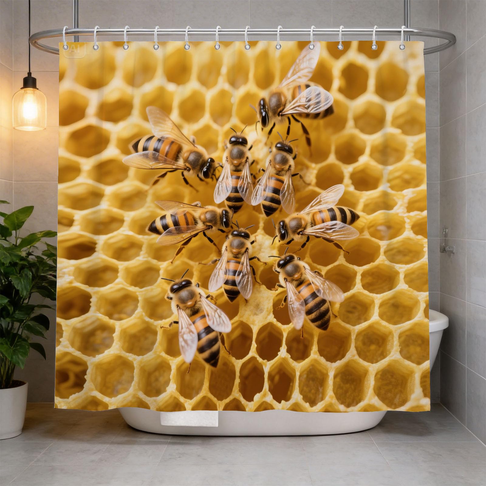 Hongduo 3D Bee Shower Curtain for Stalls Bathtubs Natural Bathroom Decor Shower Curtain Set Polyester Fabric Waterproof 120x180cm/48X71 Inch with Hooks