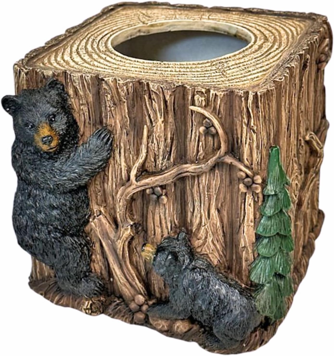 Woodland Bears Around The Tree Square Tissue Box Cover – Rustic Resin Bear-Themed Tissue Holder for Cabin & Lodge Décor