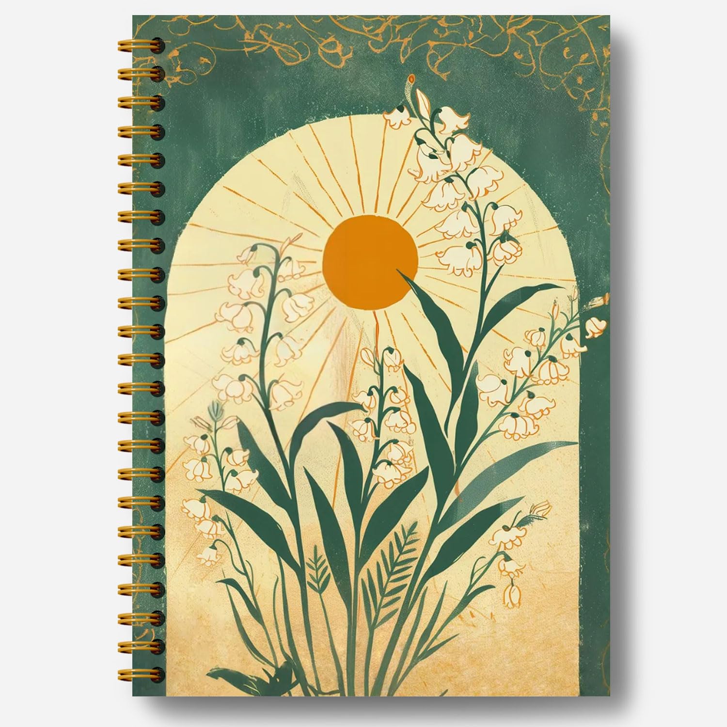 Guymn Boho Floral Emerald Green Notebook Journal, Boho Lily of the Valley Botanical Sun Notebooks Journal, Aesthetic Notebooks, Journal Notebooks for Note Taking, Spiral Notebook 5.5x8.3 Inch