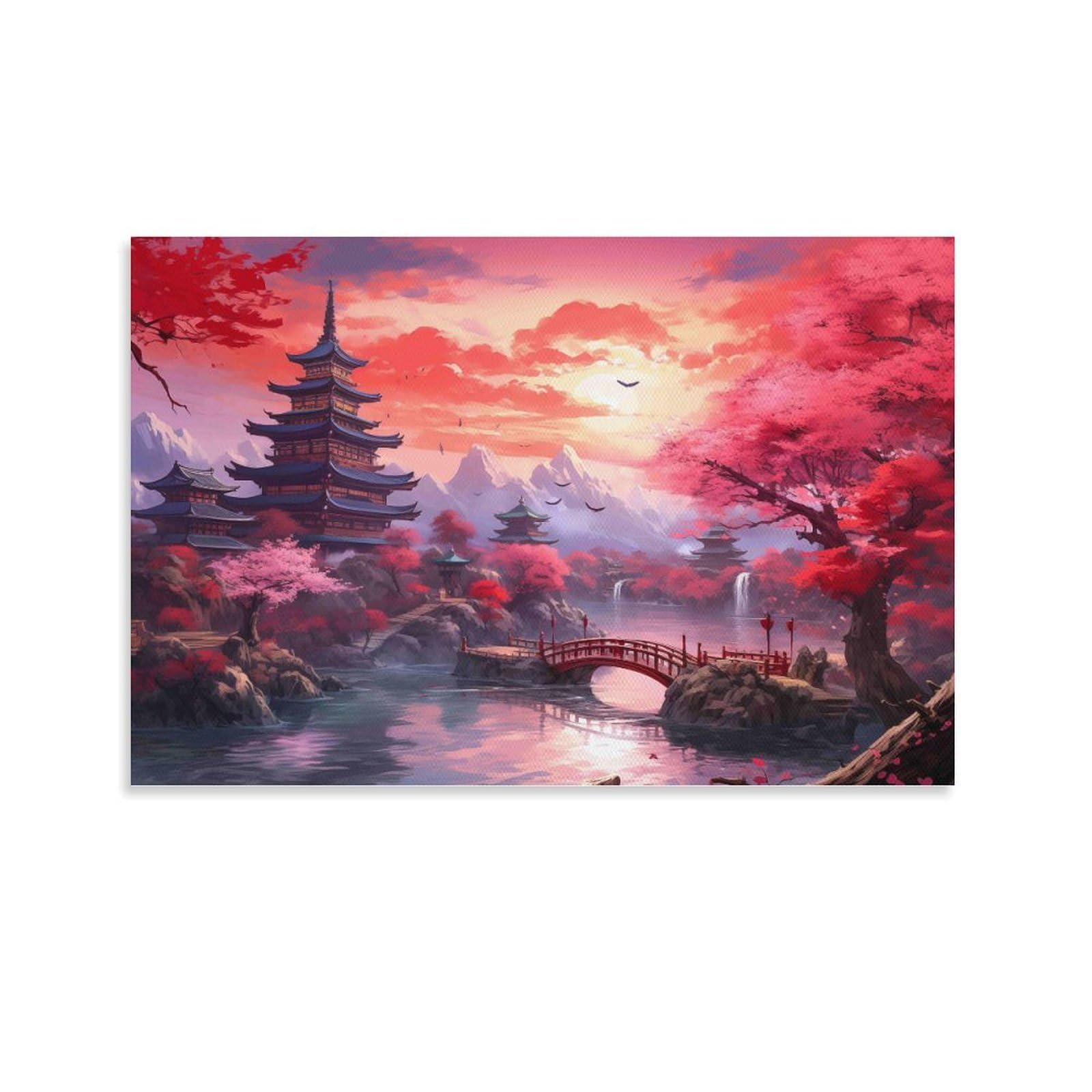 CPLVKWRQJ Anime Landscape Temple Individual Japanese Pagoda Cherry Blossom Sunset Wall Art Decor - Kitchen Removable Canvas Wall Art Multi-Purpose Focal Point 12x18inch(30x45cm)
