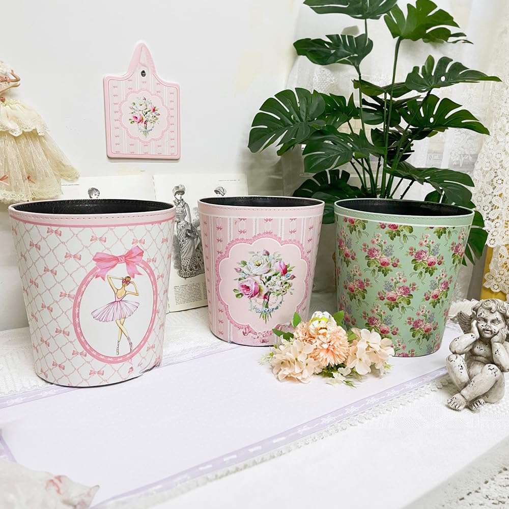 BOOMLATU Leather Pink Roses Trash Can for Bedroom,Waterproof Round Wastebasket Garbage Container Bin for Bedroom, Office, Kitchen, Living Room and Bathroom,2.1 Gallons (Green)