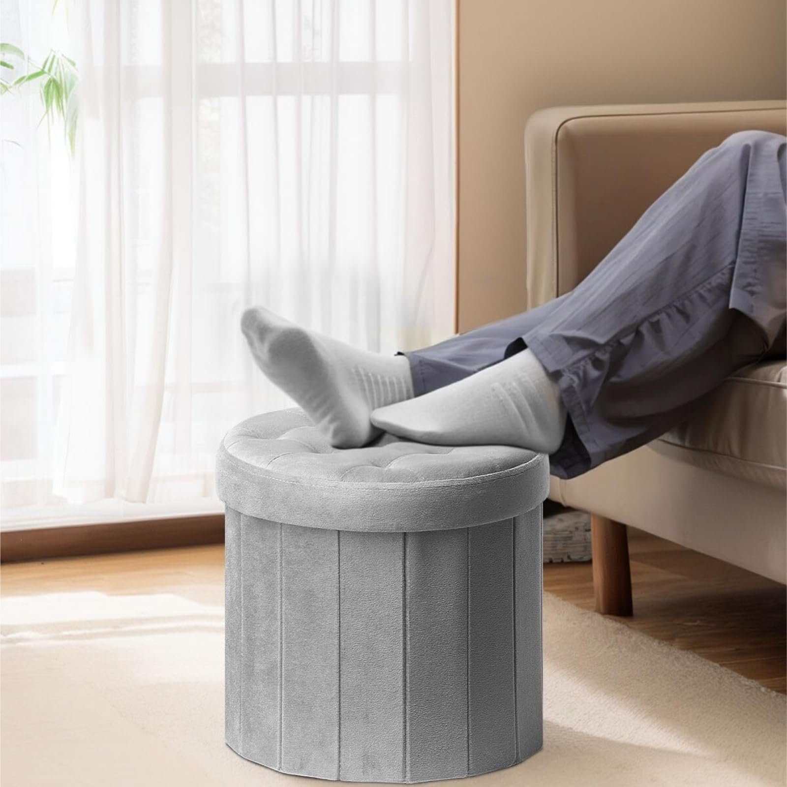 Ottomana Salón Reposapiés Plegable Redondo De Cuero Sintético con Tapa Y Almacenamiento Asiento Extra(Grey (Suede))