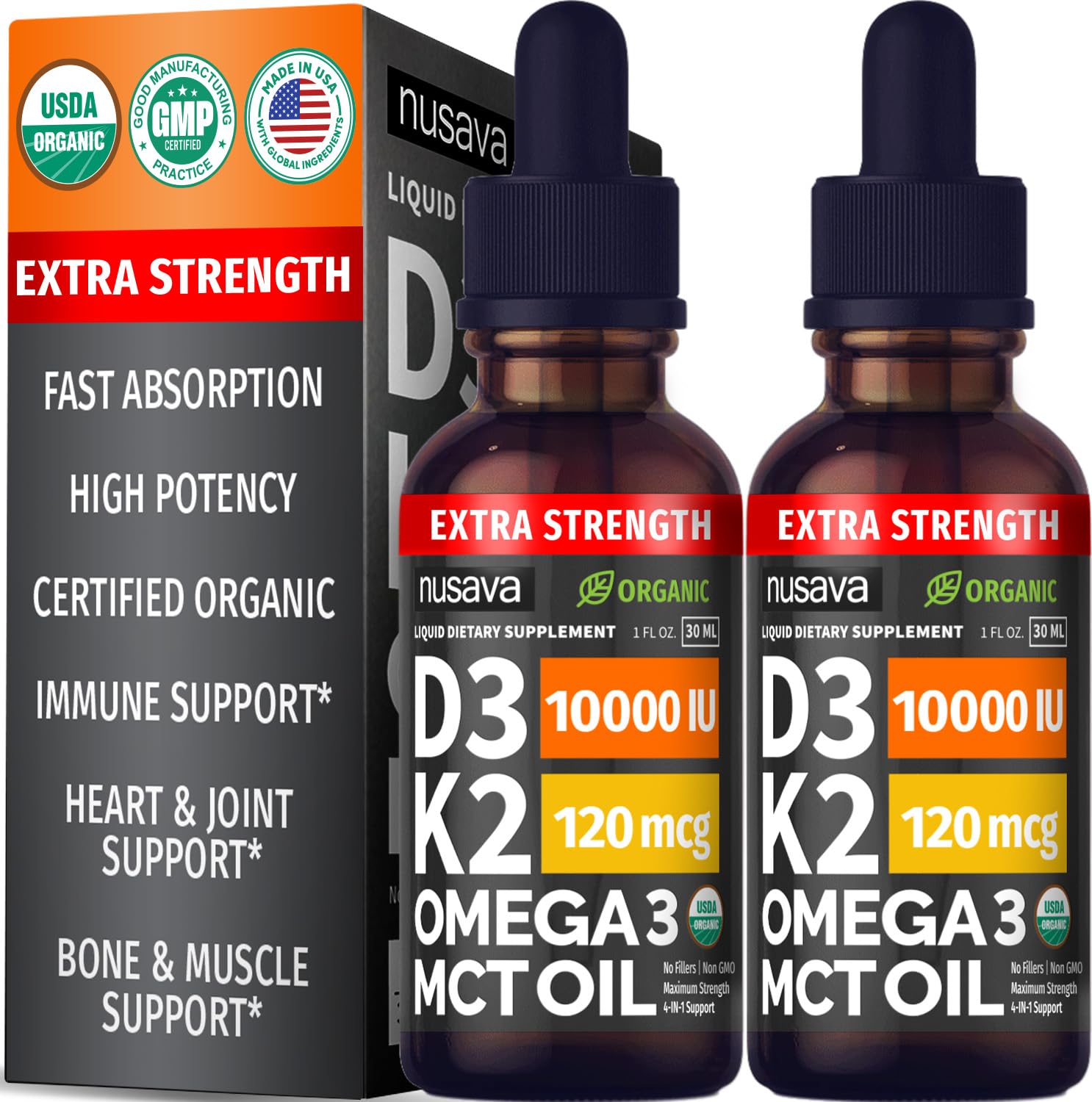 Photo 1 of (2 Pack) Extra Strength Organic Vitamin D3 K2 Drops with MCT Oil, Omega 3, 10000 IU - Vitamin D Liquid, No Fillers, Non-GMO D3 for Faster Absorption and Immunity, Unflavored - (2 Fl Oz, 60 Servings)