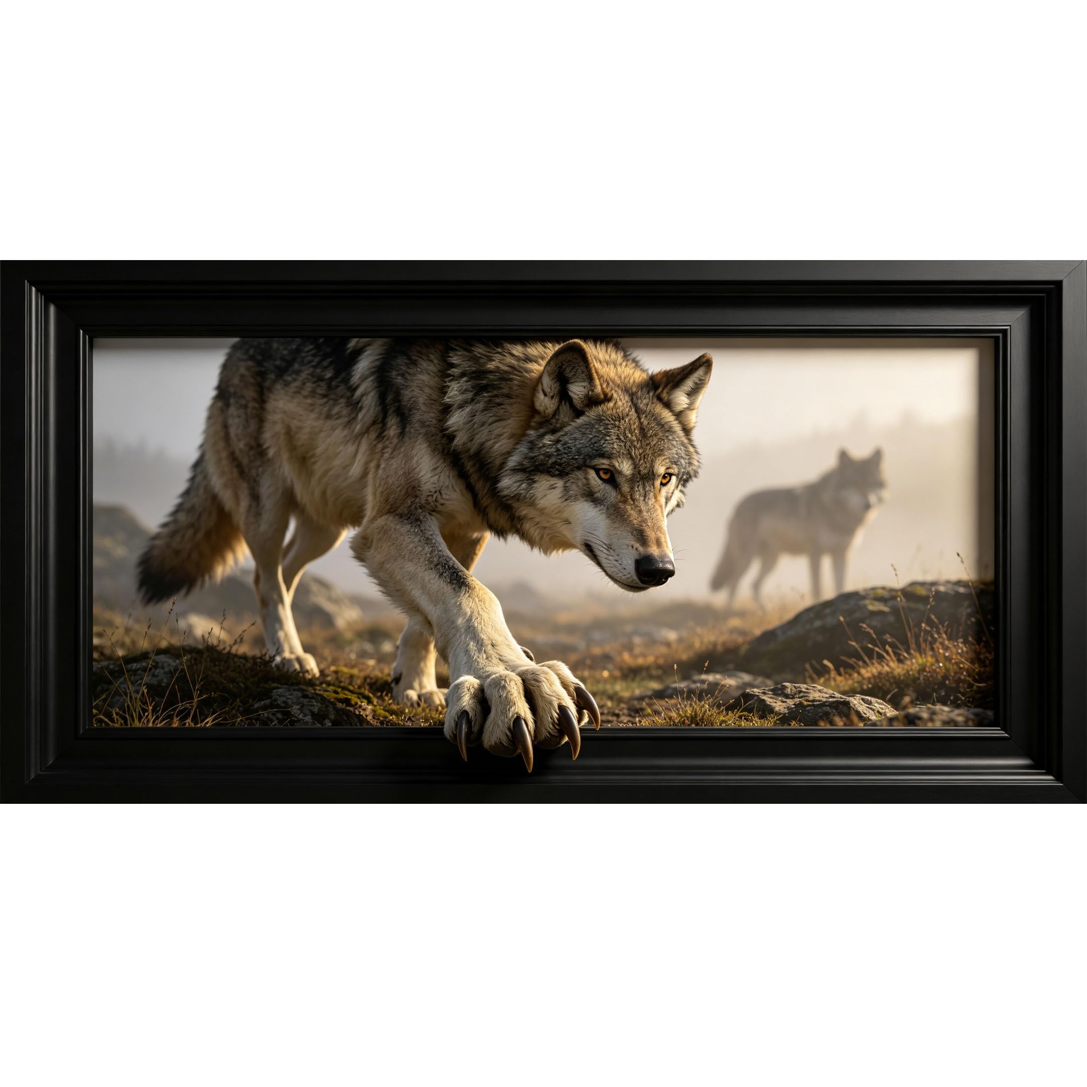 Agglomerix 3D Framed Wall Art Gray Wolf Trompe L'oeil Wildlife Landscape Modern Large Size SelfAdhesive Removable Wall Decor Prints Artwork for Living Room Bedroom Office