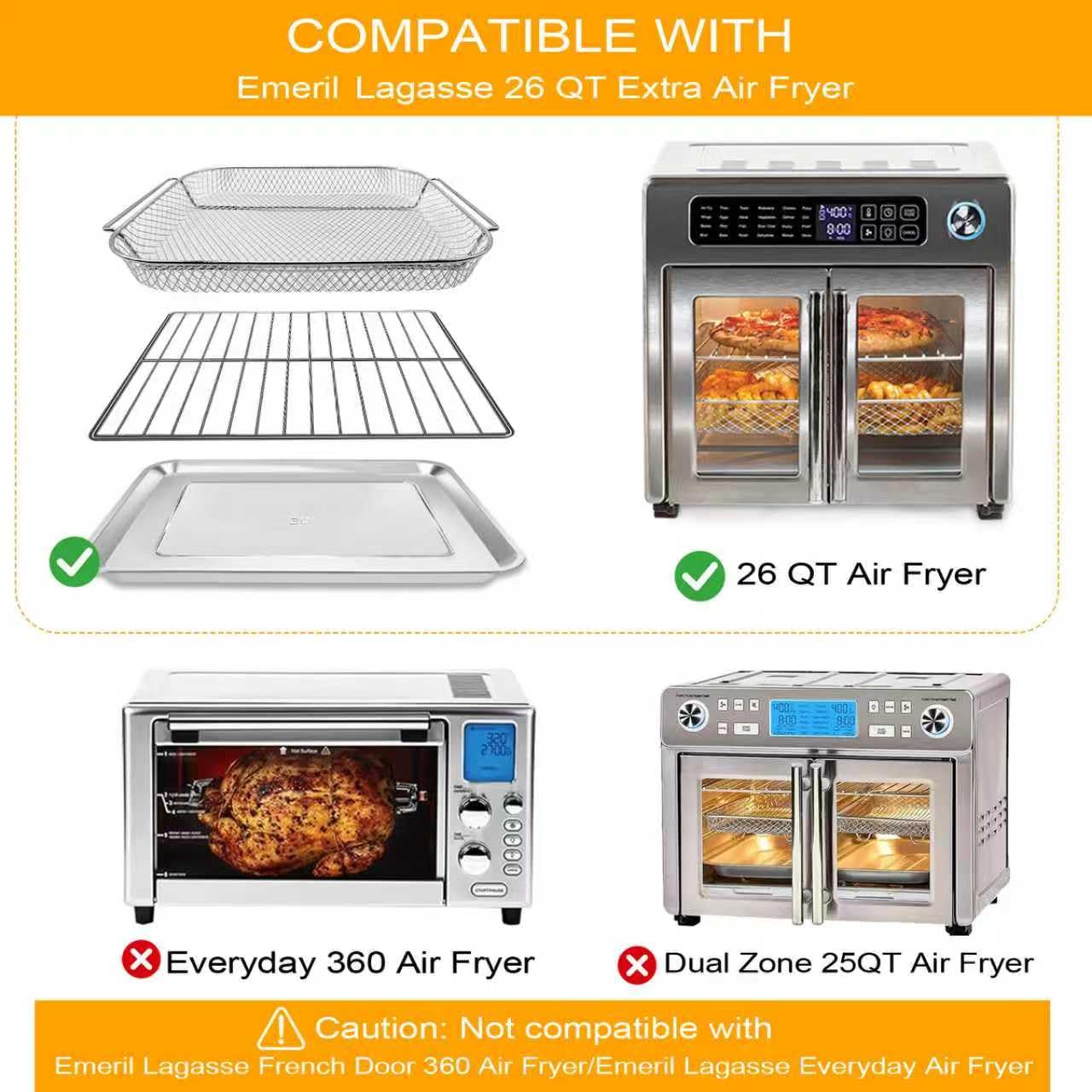 3-teiliges Set, Backform, Frittierkorb, Drahtgestell für Emeril Lagasse 26QT, extra große Luftfritteuse, Konvektionstoaster, Ofen, Lebensmittelqualität, Stahl, Luftfritteuse, Zubehör,