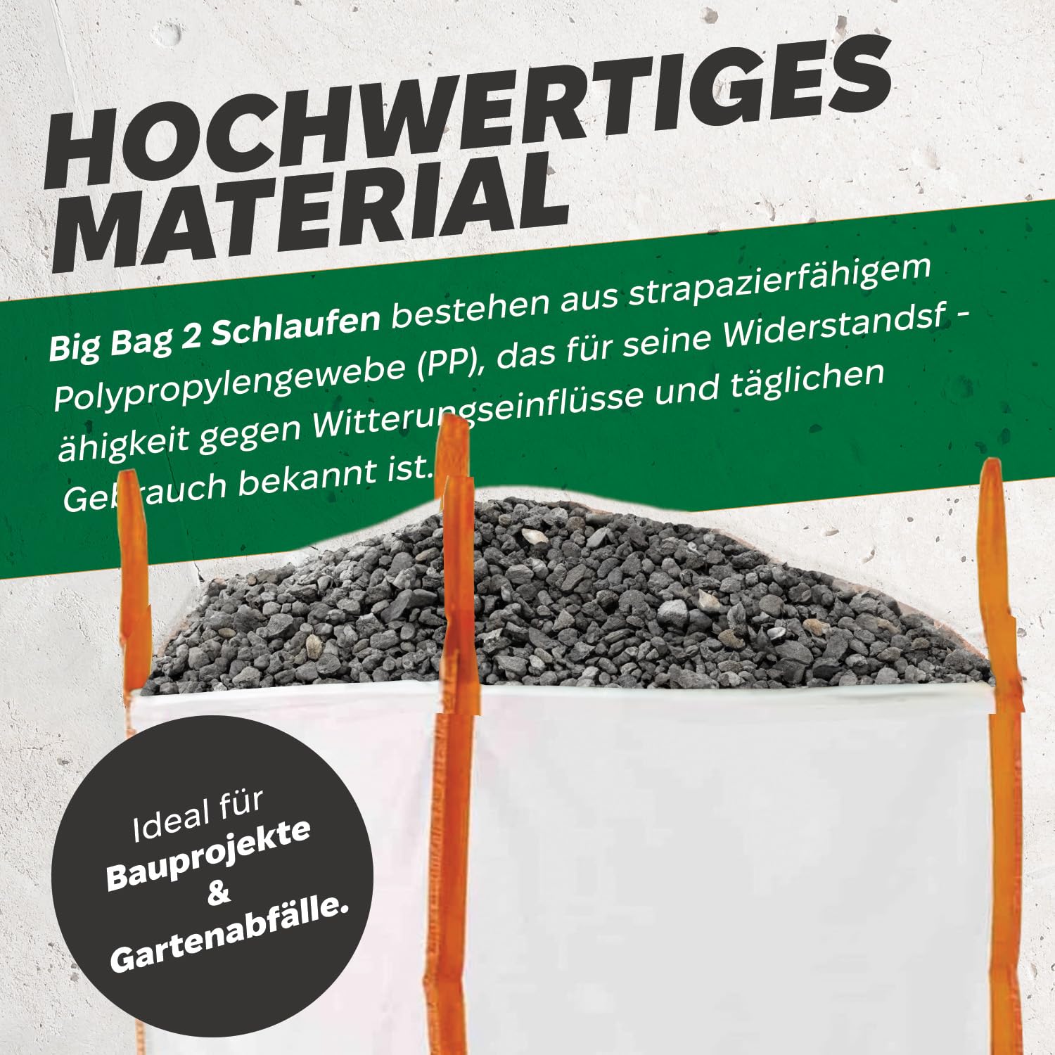 Big Bag mit 6 Schlaufen, 2 Schlaufen unten, 4 Schlaufen zum Heben - Säcke für Bauschutt, Holz, Gartenabfälle, Sand - Kiessäcke 90 x 90 x 90 cm, Big Bags mit einer Tragfähigkeit von 1000 kg (15 stück)