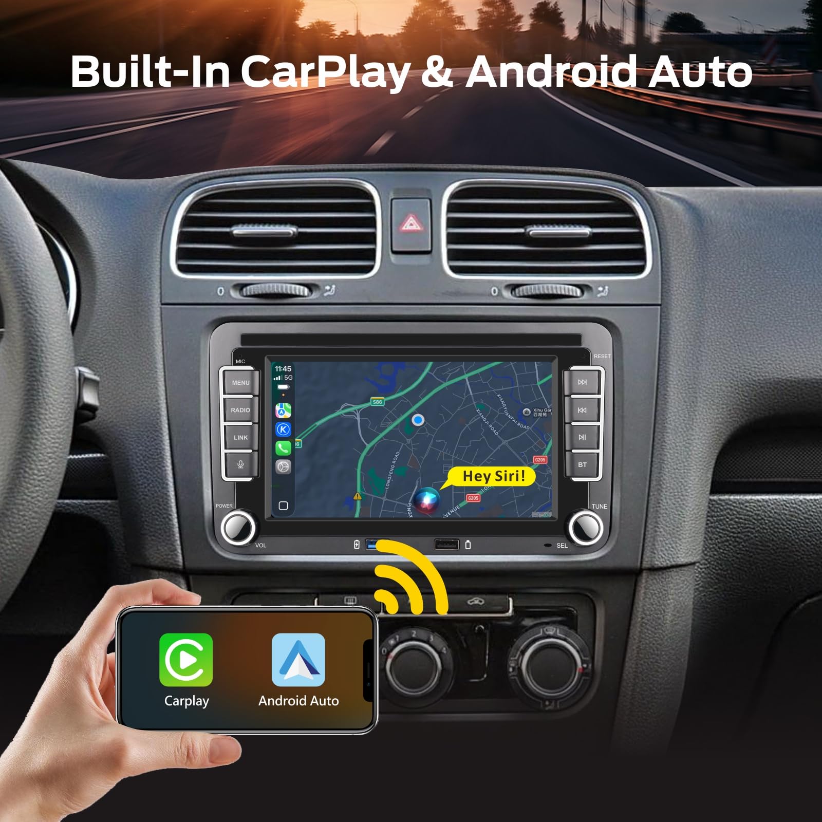 Autoradio Linux per VW Golf 5 6 Passat Polo RCD330 con CarPlay Wireless e Android Auto, avvio in 2 secondi, comandi fisici tramite manopola, audio di livello OEM, Plug & Play Porta Quadlock