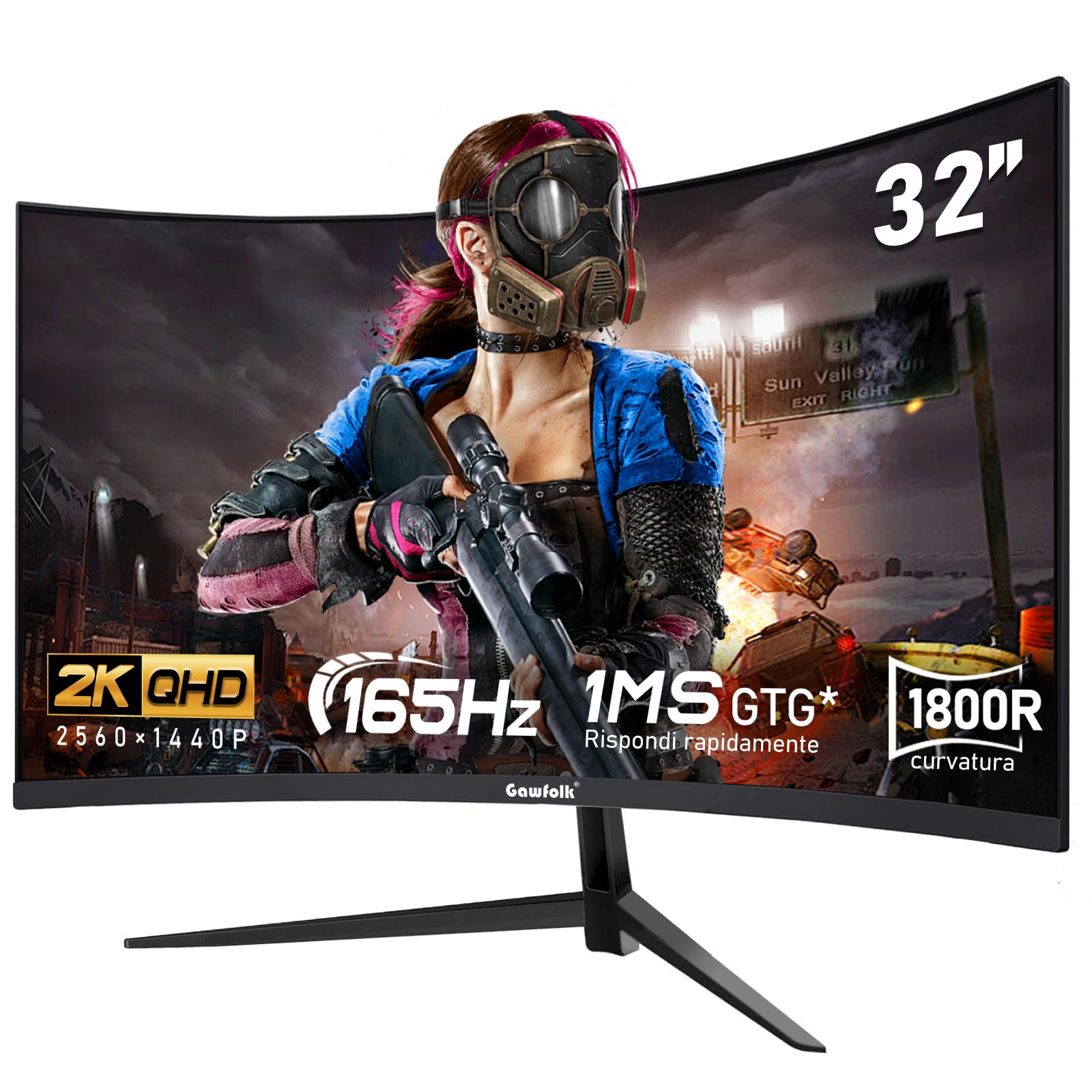 Gawfolk schermo PC da 32 pollici, 2K WQHD (2560×1440P), Monitor da gioco curvo a 165 Hz, 1ms, 100% sRGB, grandangolo 178°, HDMI、DisplayPort, Compatibile con VESA100*100MM montato a parete-Nero