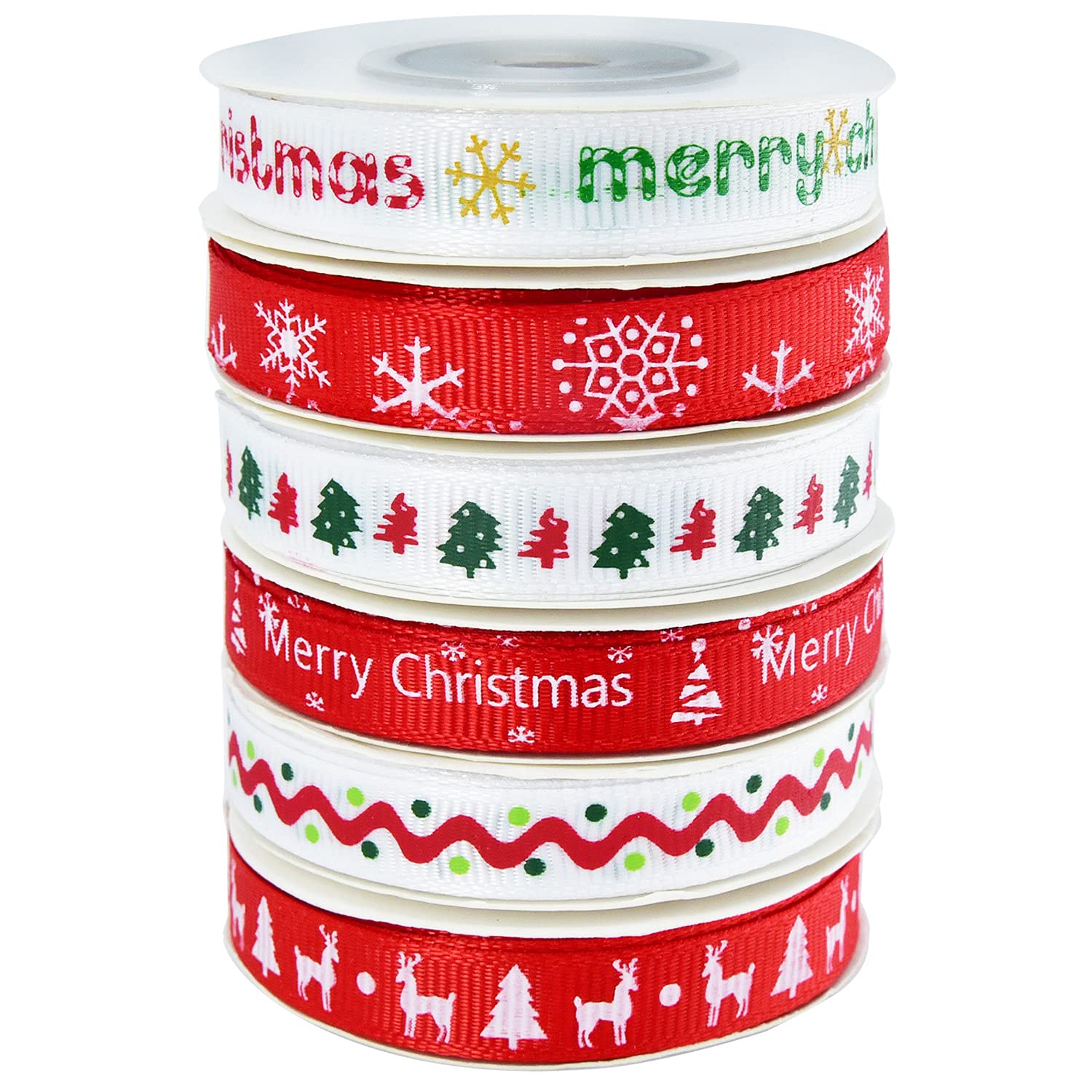 Christmas Grosgrain Ribbons 6 Roll 9M Colorful Xmas Theme Ribbon Bundle Wide Fabric Polyester Satin Ribbon for Christmas Gift Wrapping, Wedding, Bow Making 60 Yards