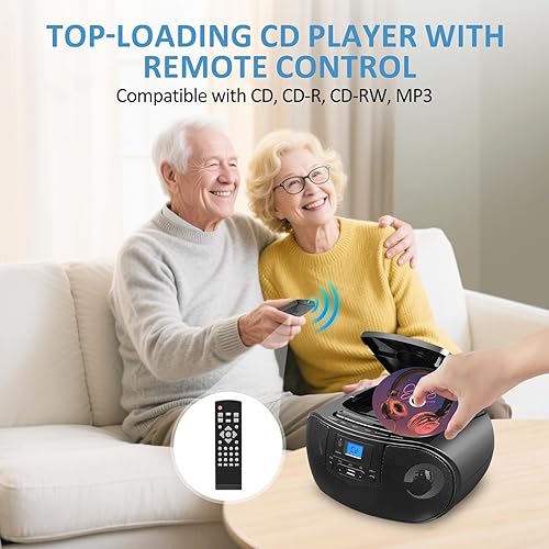 Miniatura 7 de Boombox reproductor de CD portátil con radio FM, caja estéreo de CD de carga superior para el hogar, Bluetooth, control remoto, luz de discoteca,