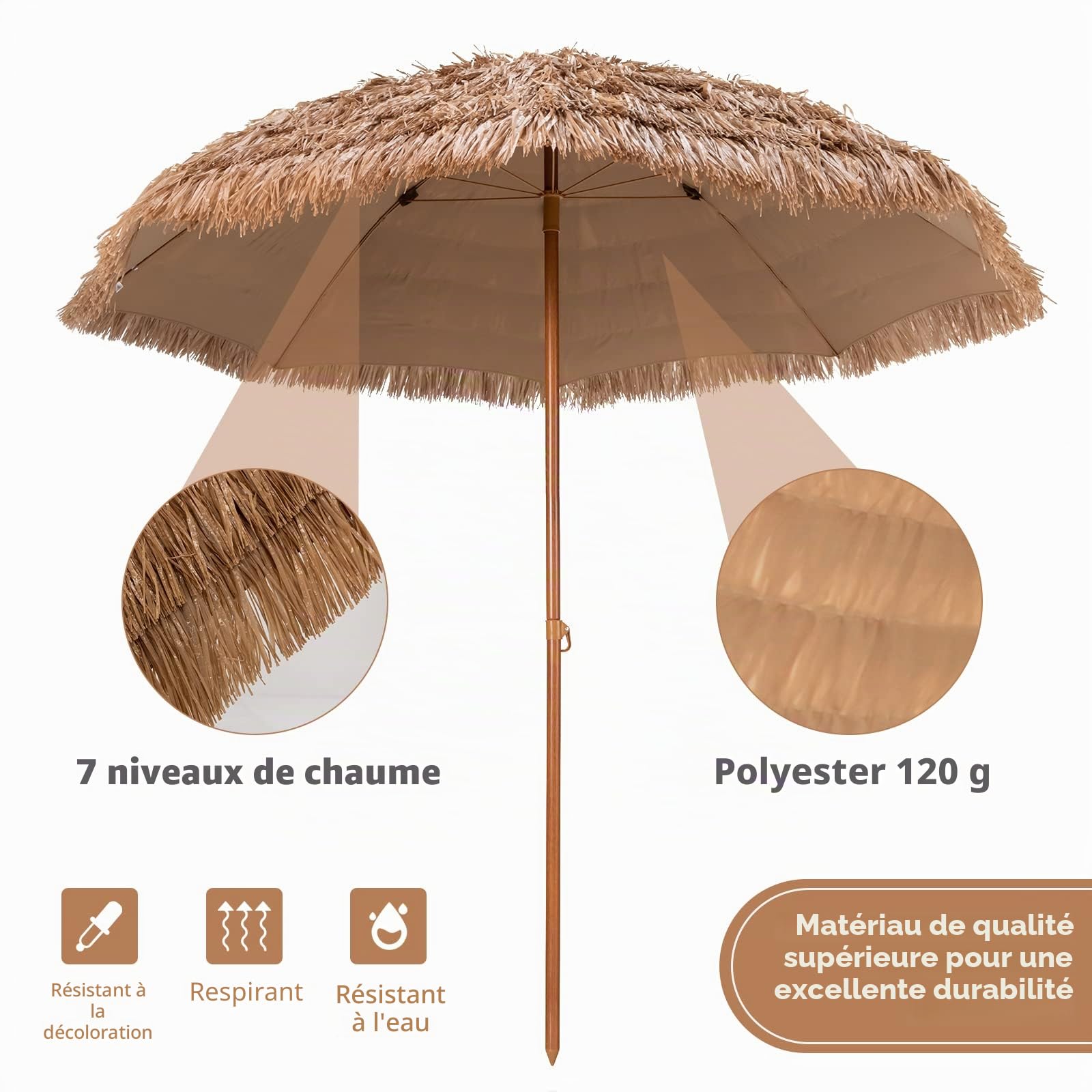 KOMFOTTEU φ205 cm Parasol de Style de Hawaïen, 2.2m de Haut, avec Protection solaire, Parasols de Plage en Paille simulée de Riz pliable, Parasol Exotique, pour Jardin, Balcon, Plage, Terrasse, jaune