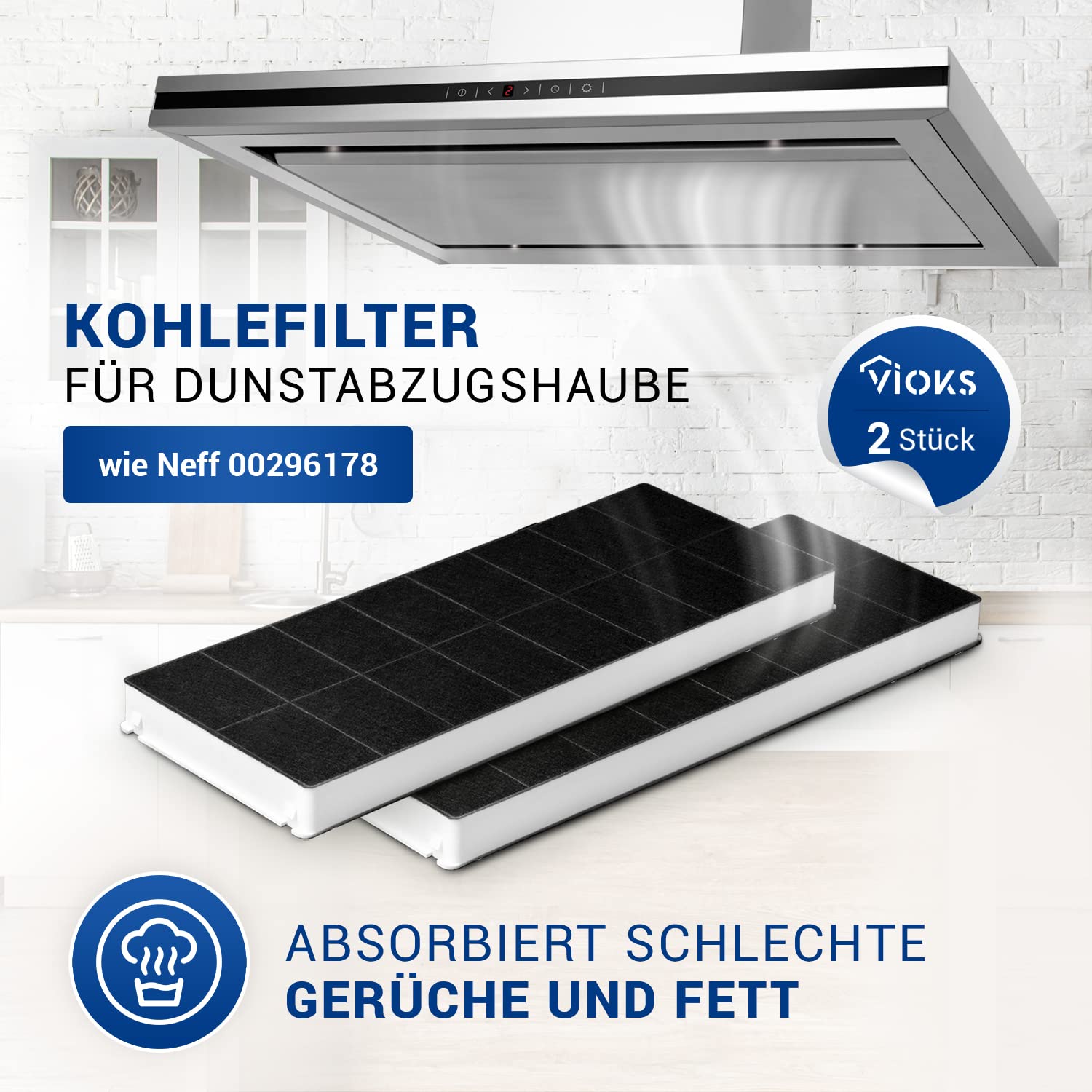 VIOKS Filter Dunstabzugshaube Zuschneidbar 430x175mm SET 2x Ersatz für Neff Dunstabzugshaube Filter 00296178 & Aktivkohlefilter Dunstabzug Filter für Dunstabzugshaube Bosch/Siеmens/Constructa