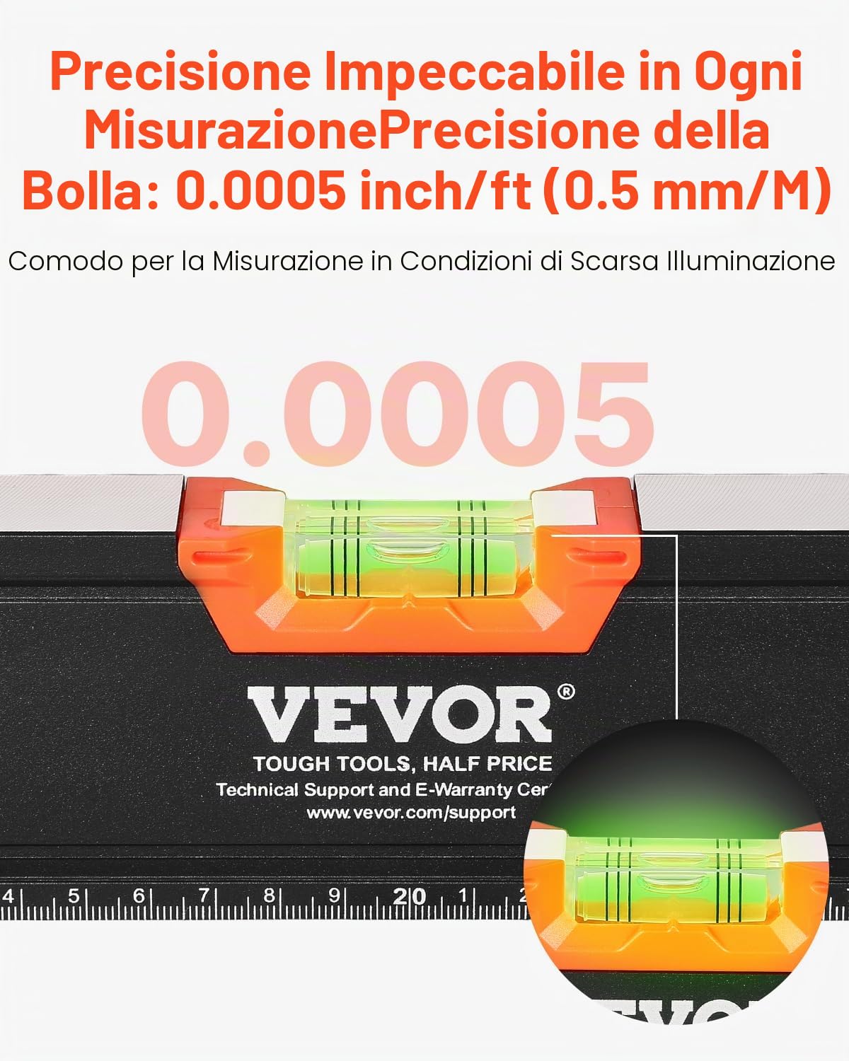 VEVOR 4-Pezzi Set Livello Torpedo, 250/400/600/1200 mm Livelle Scatola, Fluorescente Luce Up Bolla Fiale Righello per 45/90/180 Gradi, Lega di Alluminio, Antiurto, Solo 250mm Magnetico