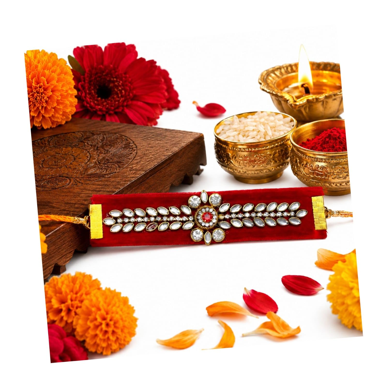Royal Red Velvet Stone Work Rakhi for Brother with Roli Chawal Pack, Premium Kundan Style Floral Designer Raksha Bandhan Gift Rakhi for Bhaiya-image-20