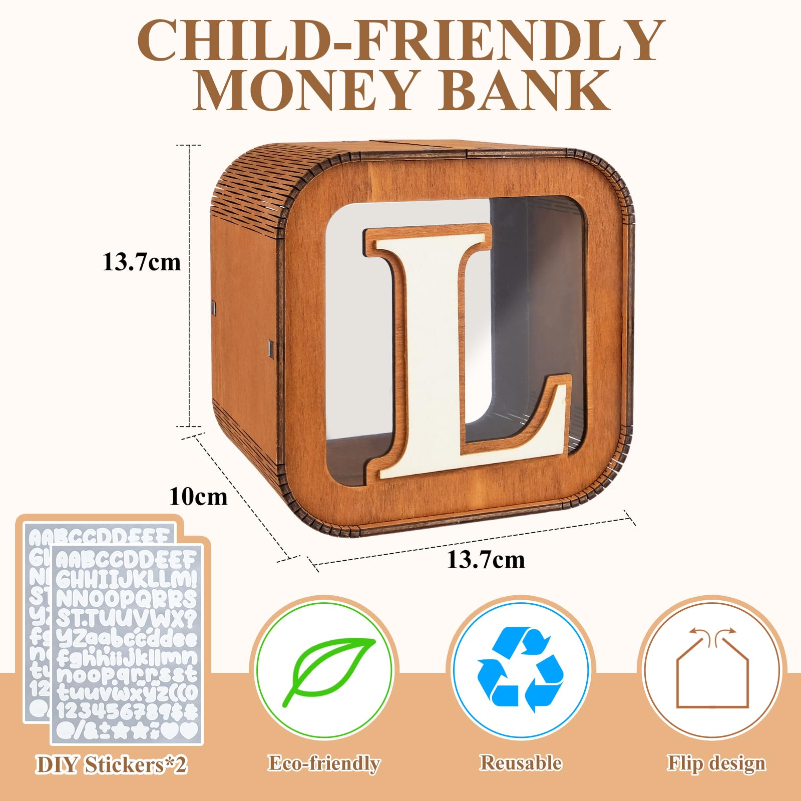 Spardose Personalisierte für Kinder, A-Z Alphabet Sparbüchse Holz Spardose, Dekoration Kreative groß Sparschwein als Geschenke für Junge, Mädchen, Erwachsene, Geburtstag (L)