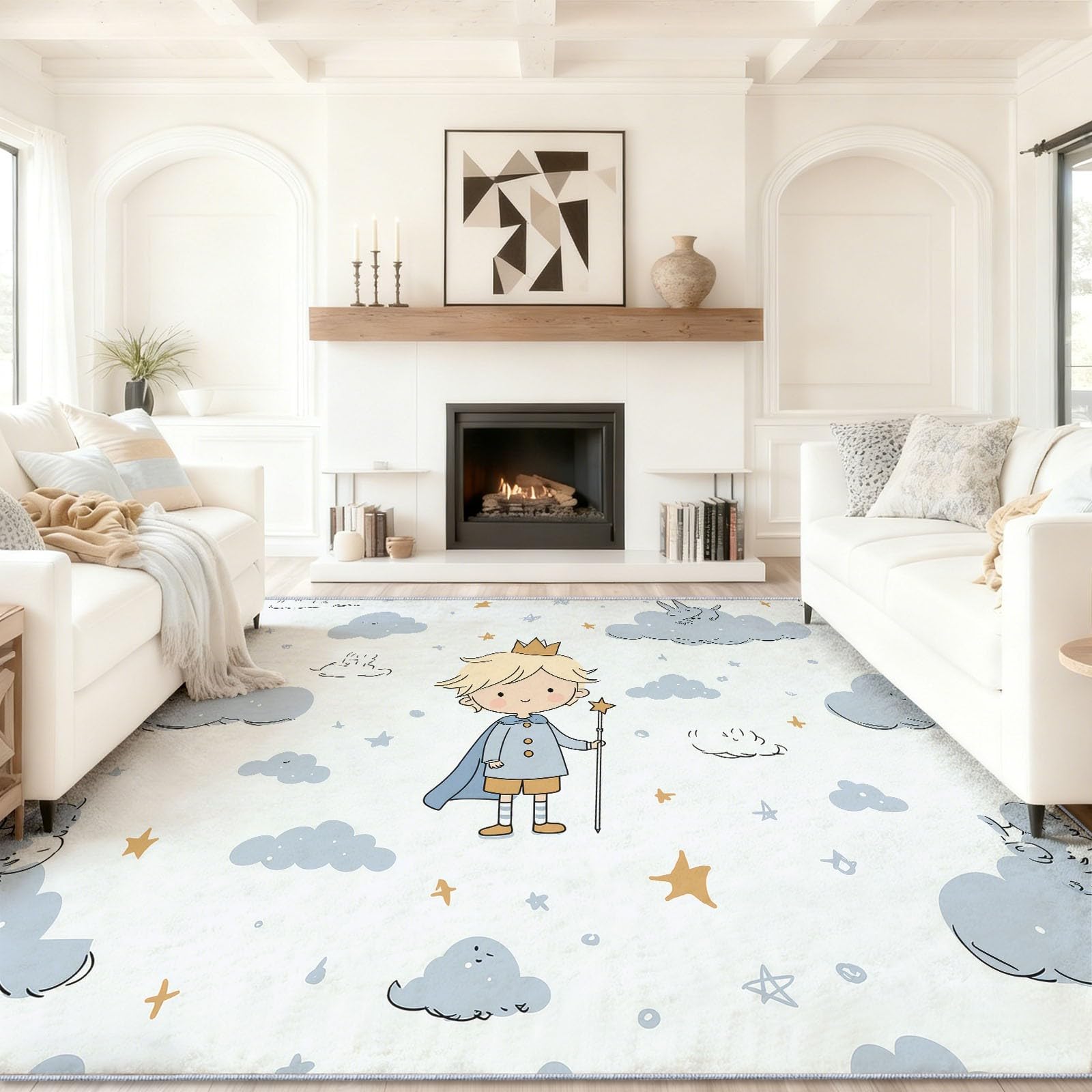 Tapis bleu salon poil ras pour chambre enfant motif nuage et couronne