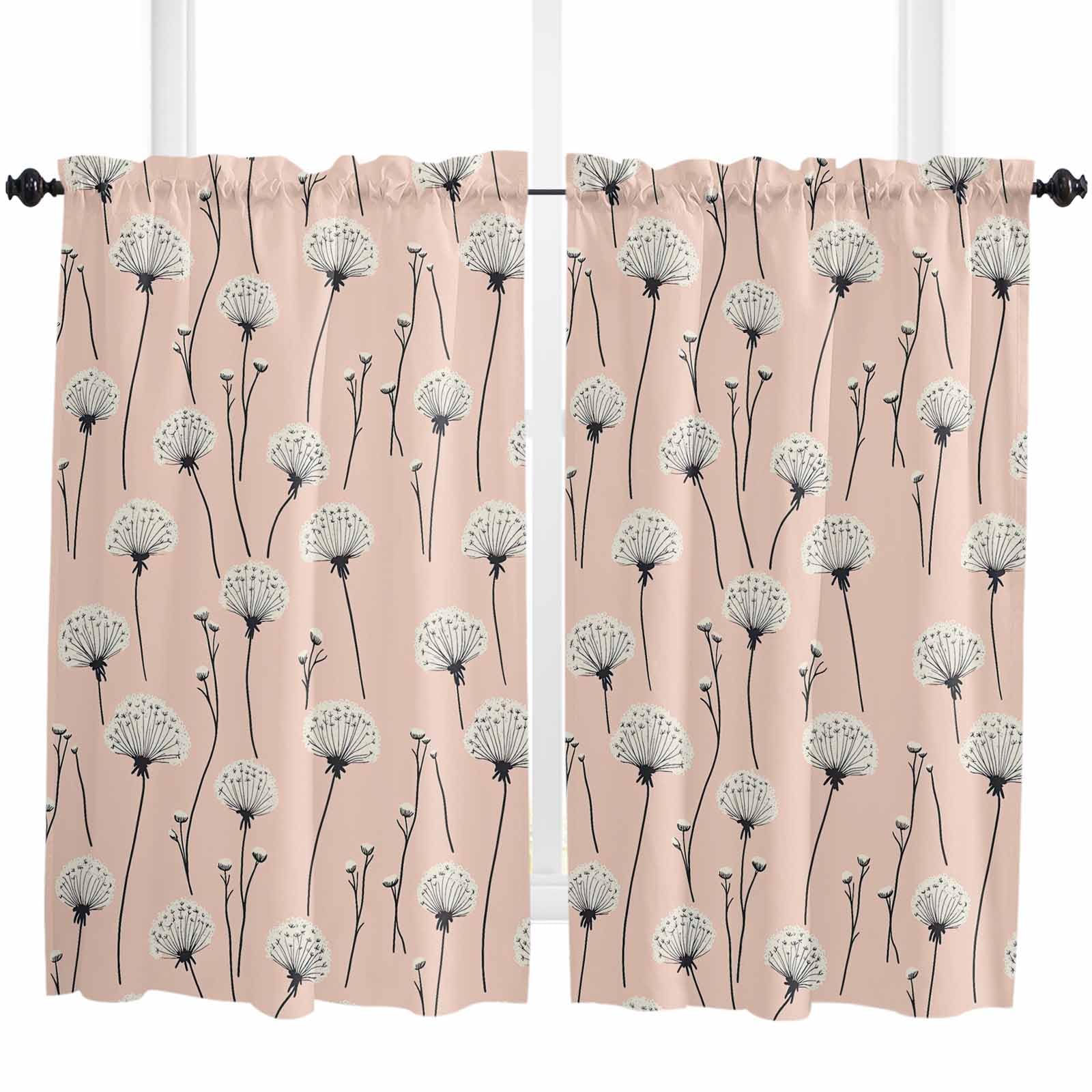 Wowouhiya Pink Spring Floral Kitchen Curtains 45 Inch Length, Farmhouse Curtains & Drapes, Watercolor Botanical Summer Rod Pocket Window Curtains for