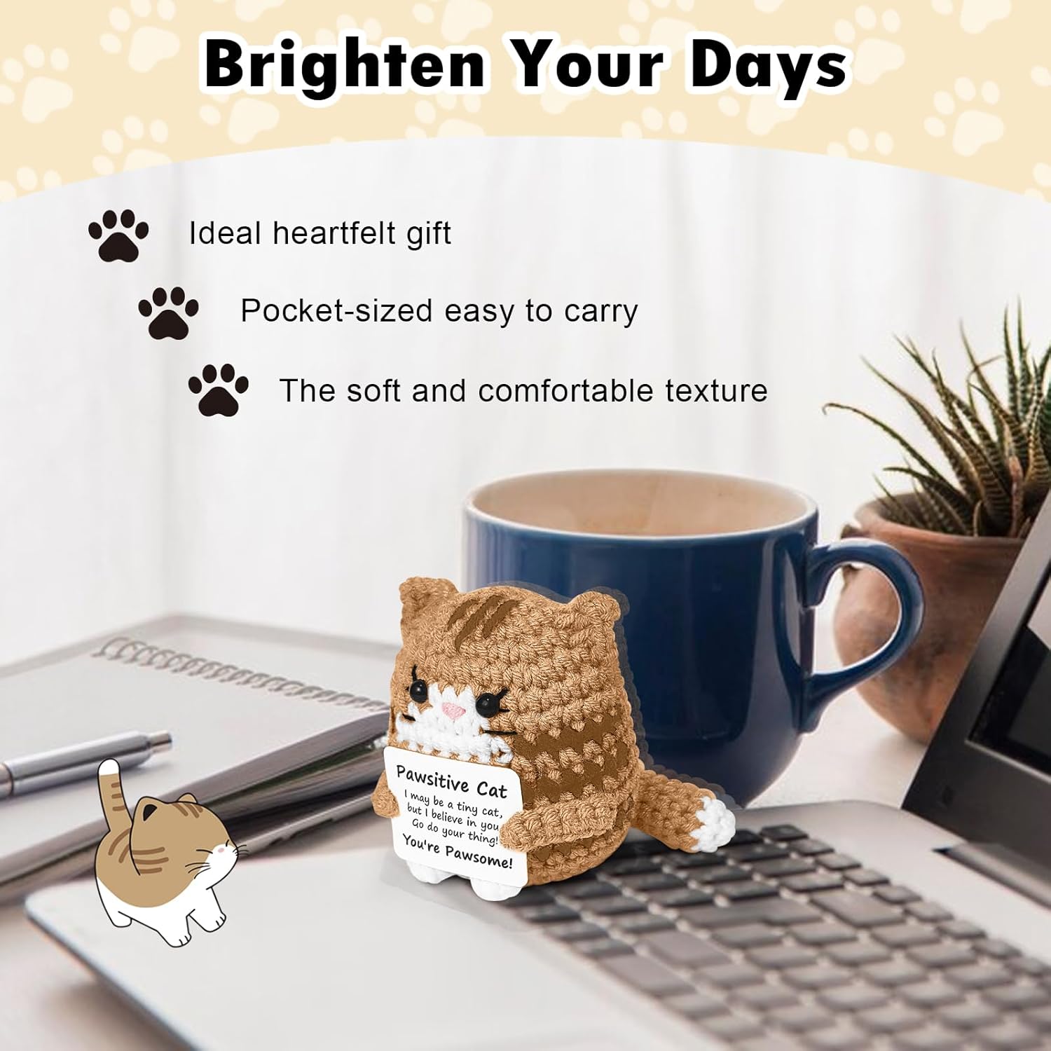 Positive Crochet Cat Mini Animal Emotional Cheer Up Support Gifts, Funny Crochet Mini Handmade Cat for Women Men Friends Mom Birthday Mothers Day Decor Graduation Gifts (Brown) - Image 7