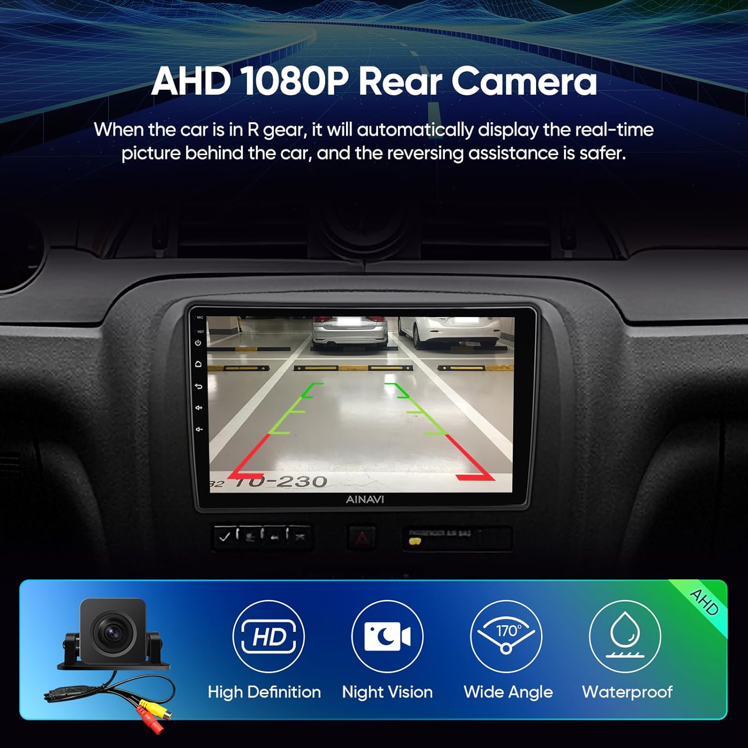 Screenshot of the AHD 1080P rear camera view on the car stereo display.
