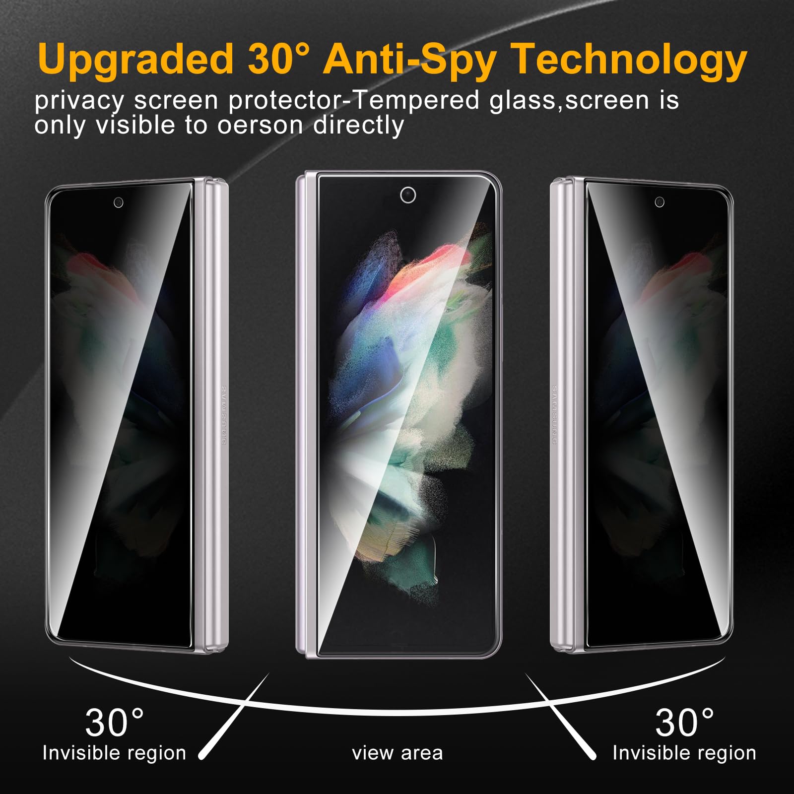 Paquete de 3 protectores de pantalla de privacidad para Samsung Galaxy Z Fold 3 con 3 protectores de lente de cámara, vidrio templado antiespía, dureza 9H, protector negro antiespía,