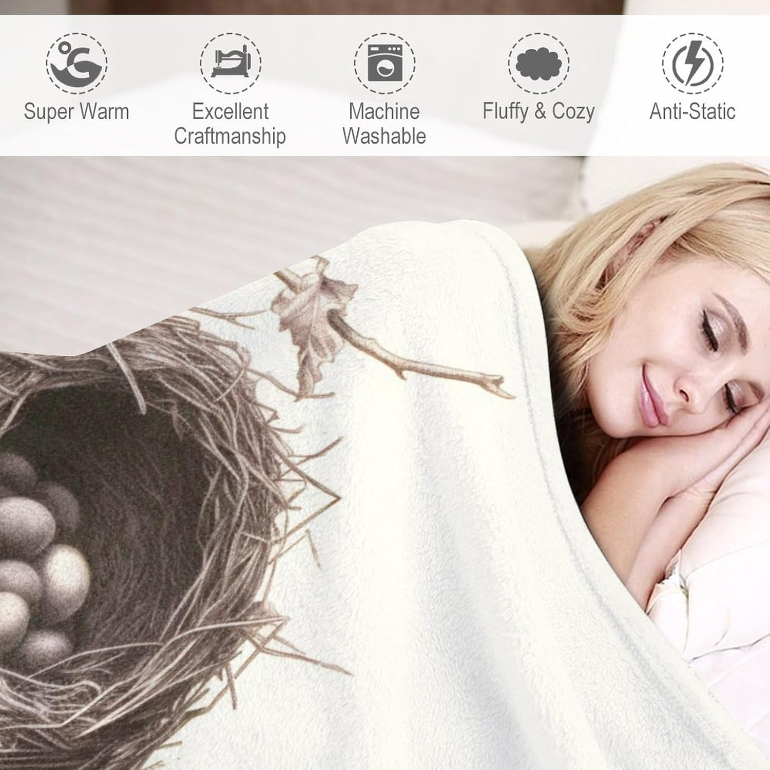 Blanket Rustic Chic French Country Botanical Bird Nest Soft Warm Throw Blankets Vintage Finch Bird Nest Soft Cozy Microfiber Throw Blanket for Couch Bed Sofa for Kids and Adults 50"x60"
