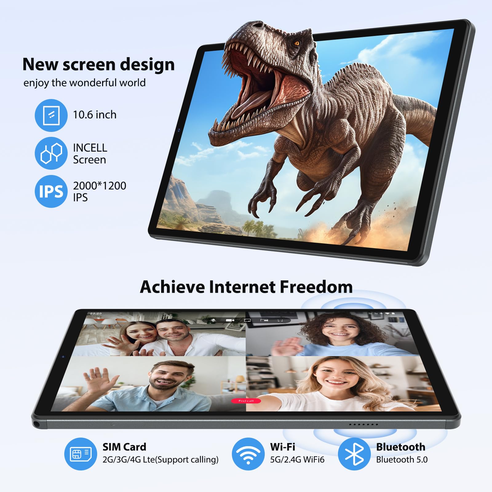 2K Android 16 Tablette, 36GB RAM, 512GB ROM (TF 1TB), 4G LTE & 5G WiFi, Tablet 10.6 Pouces, Octa-Core, 2000 * 1200, 8000mAh, 13MP+8MP, GPS, Tablette avec Clavier|Souris|Etui|Casque(Gris)
