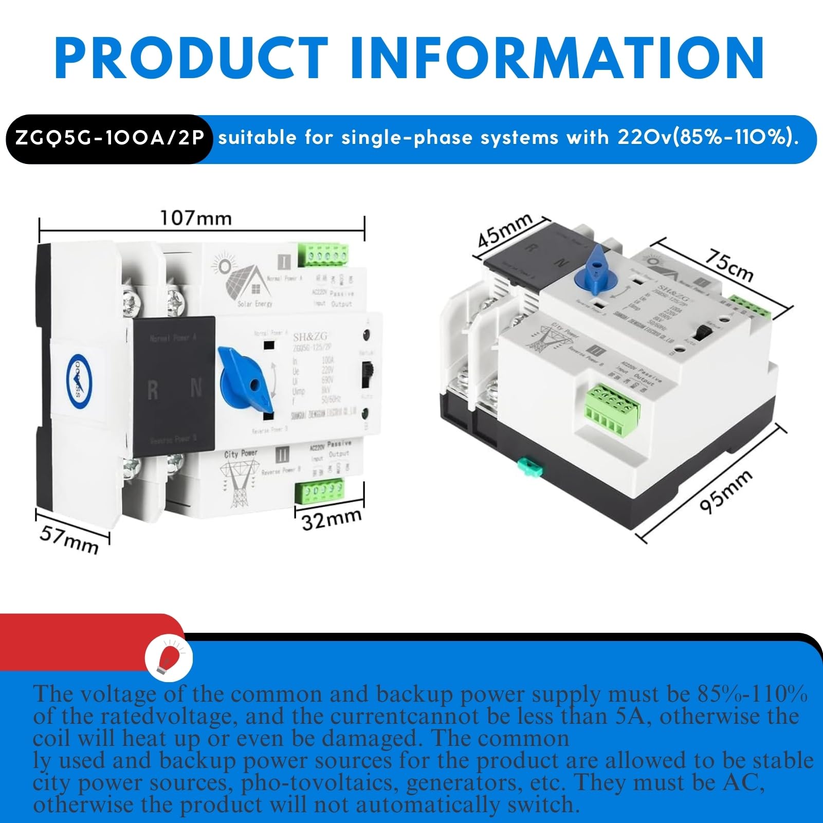 Jadeshay ATS Fotovoltaico, Interruttore di Trasferimento Automatico Fotovoltaico a Doppia Alimentazione Interruttore di Alimentazione Ininterrotta 220V, ZGQ5G-2P 100A