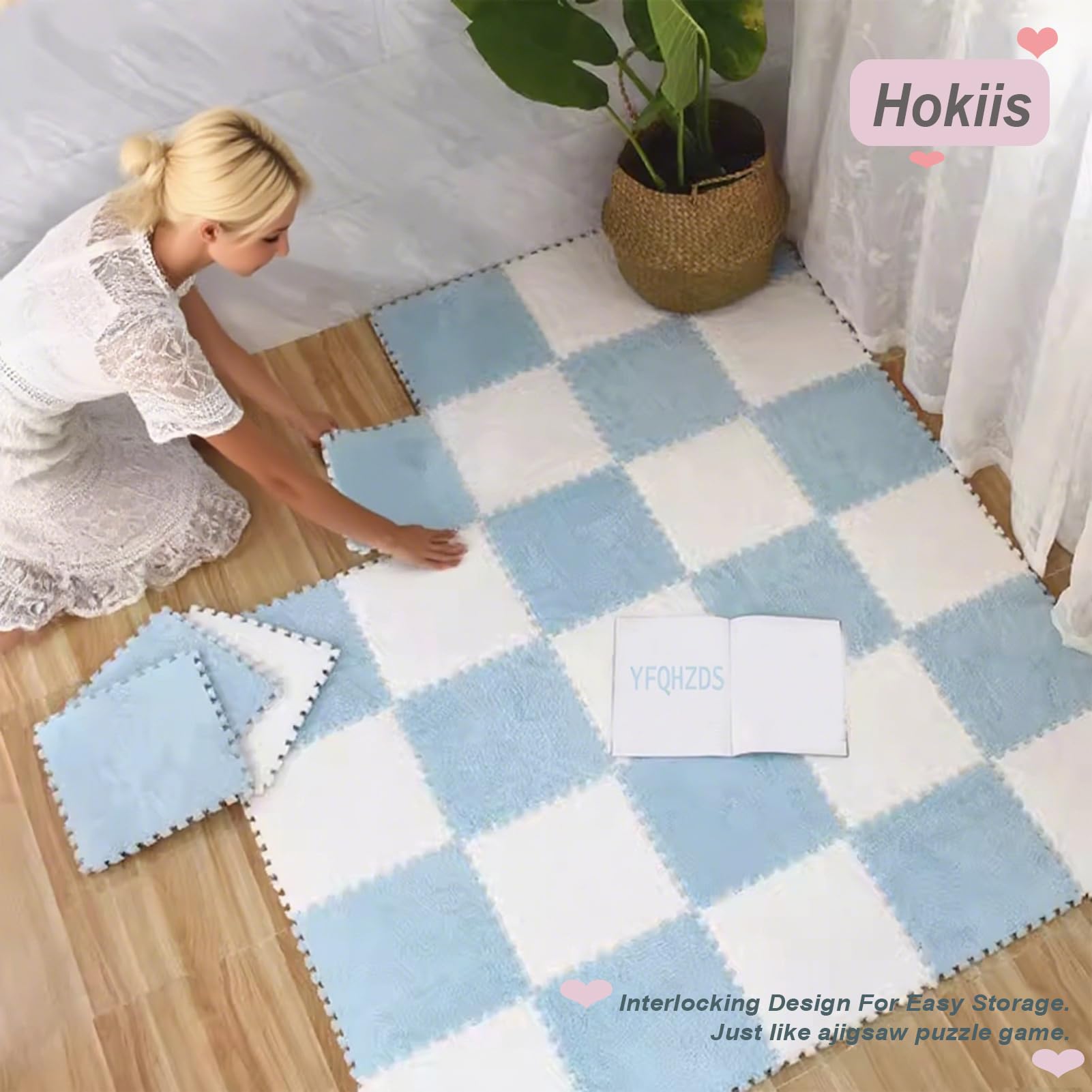 Ineinandergreifende Schaumstoff-Teppichfliesen, Plüsch-Puzzlematten für Spielzimmer und Kinderzimmer, weiche, flauschige Bodenteppiche, dicke graue und hellblaue Matten, 42 Stück für Kinderz