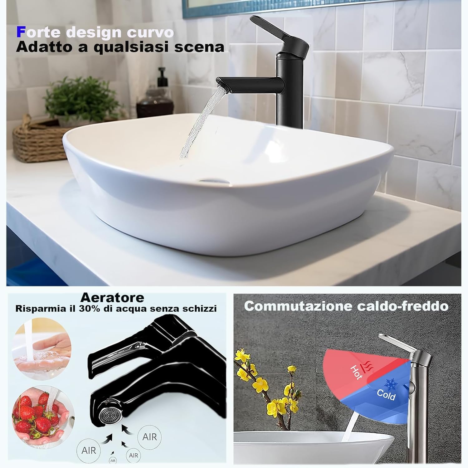 XWIHTR Rubinetti per lavabo e bagno caldi e freddi in acciaio inox, con risparmio idrico silenzioso e senza gocciolamento per bagno, lavabo, piccoli rubinetti da cucina (nero - alto)