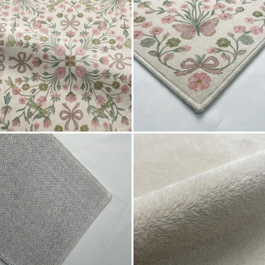 5x7 Area Rug for Living Room，Boho Pink and Green Floral Butterfly Bow Rugs，Non-Slip Washable Foldable Bedroom，Dining Room