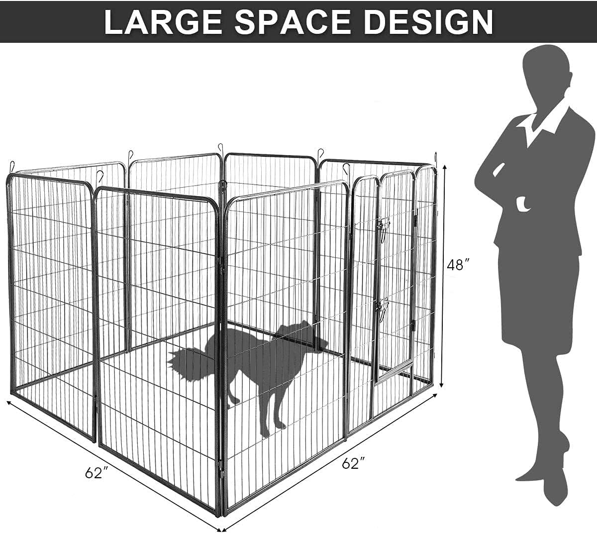 PETSITE Outdoor Dog Playpen for Large Dogs, 4 FT Height 8 Panel Exercise Pet Pen Heavy Duty Cat Fence with Door Puppy Rabbits Portable Play Pen, Black