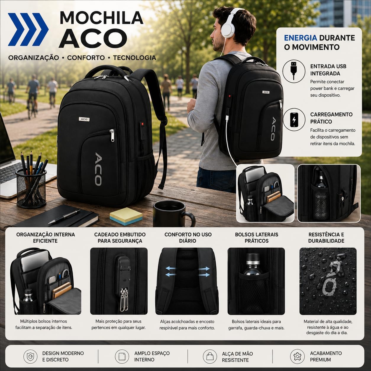 Mochila Masculina Reforçada Executiva Grande Mochila para Notebook Trabalho Viagem Escola com Cabo de Aço Impermeável Antifurto com Saídas USB/Fone de Ouvido Unissex