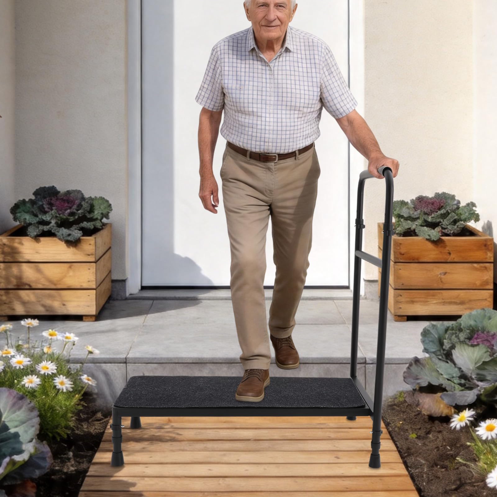 Scalino mobile di sicurezza per anziani, antiscivolo, 1 gradino, con corrimano regolabile, portata fino a 150 kg, ideale per vasca da bagno, letto e veicolo (nero)