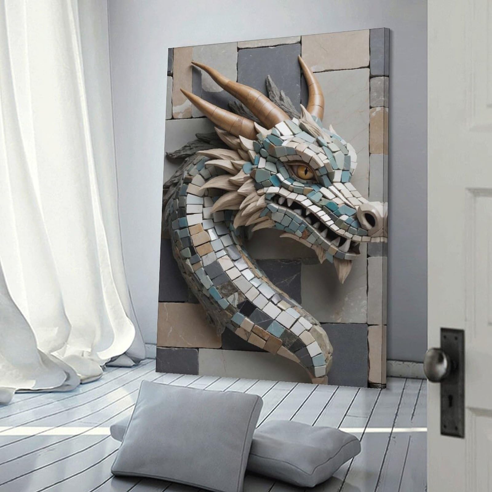 Junmoney Mosaic Dragon Head Wall Art Wall Picture Print 24x36inch(60x90cm), for Bedroom Decor, Cosy Corners Or Studios, Home Artwork with A Soft Interior Feel