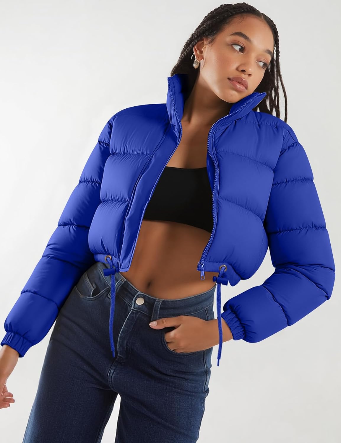 Flygo Women Cropped Puffer Jacket Winter Long Sleeve Quilted Puffy Bubble Padded Short Coats with Drawstring