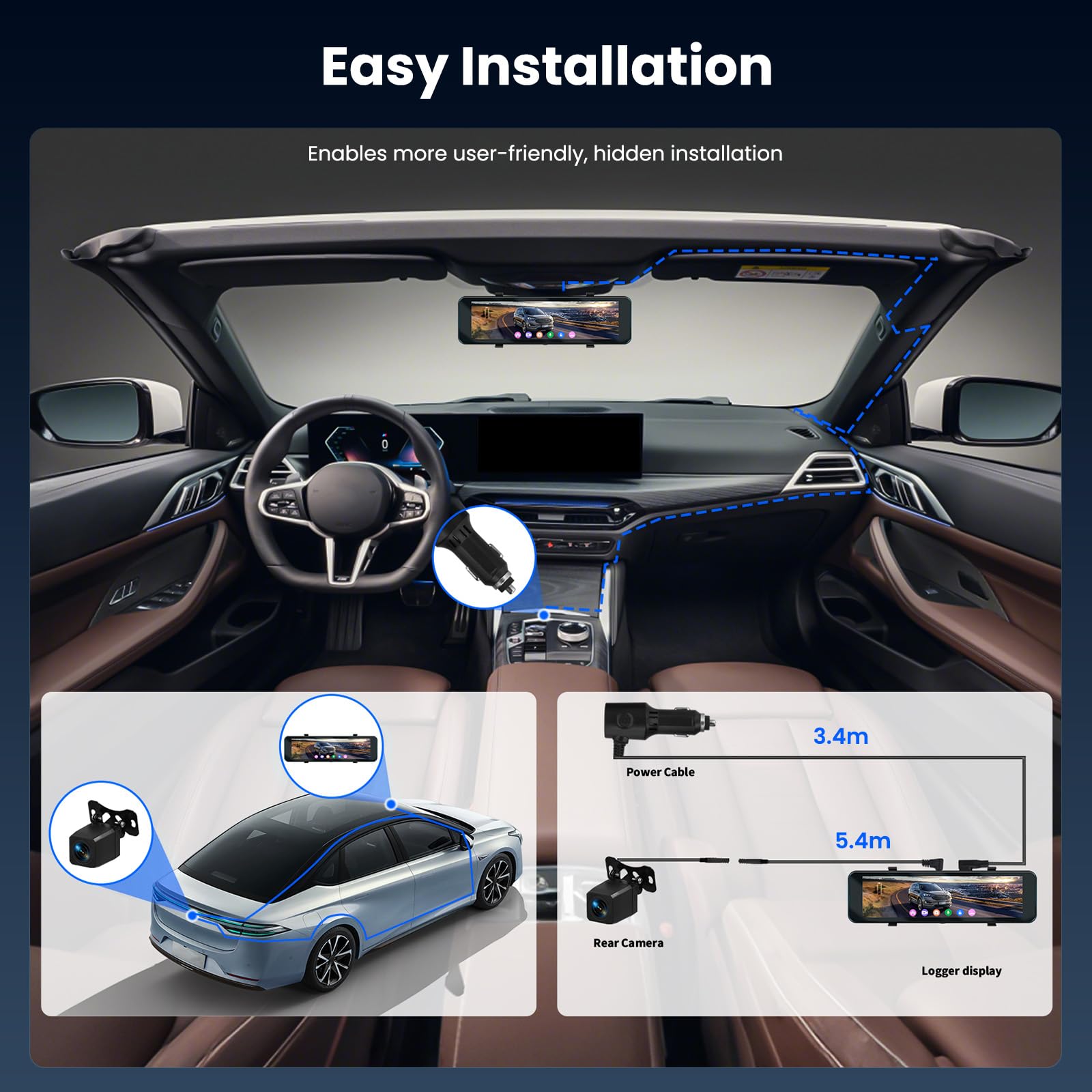 Hikity Kamera na deskę rozdzielczą z lusterkiem wstecznym, WiFi 4K z przodu i 1080p z tyłu z ekranem dotykowym 10,1", kamera samochodowa z kartą GPS/64 GB, WLAN/czujnik G, nagrywanie w pętli, BSD