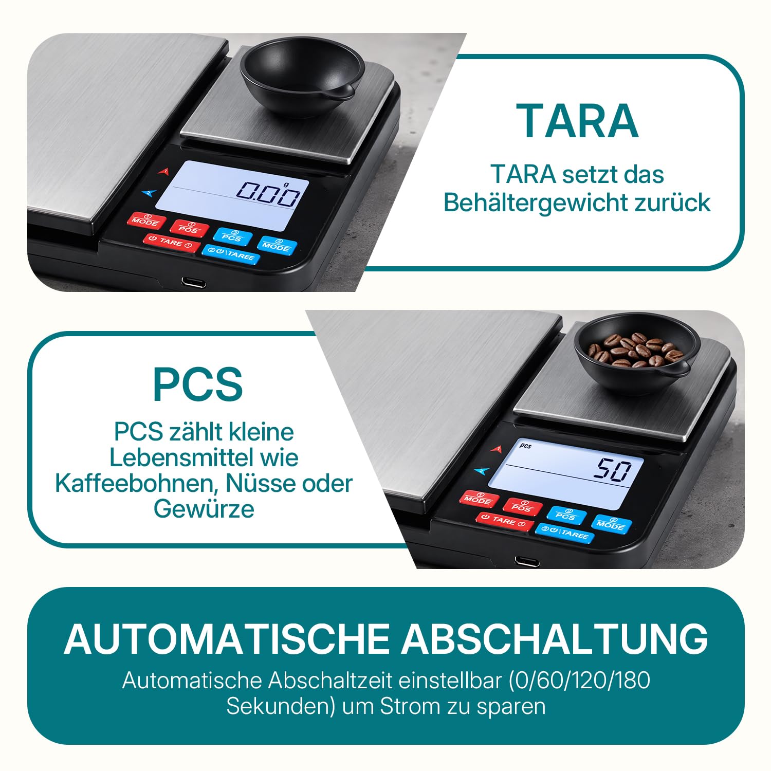 Wigearss Küchenwaage Digital mit Dual Plattform 10kg/1g und 500g/0.01g, Doppelfunktion Küchen Feinwaage mit 7 Einheiten, Zähl, Tara Funktion