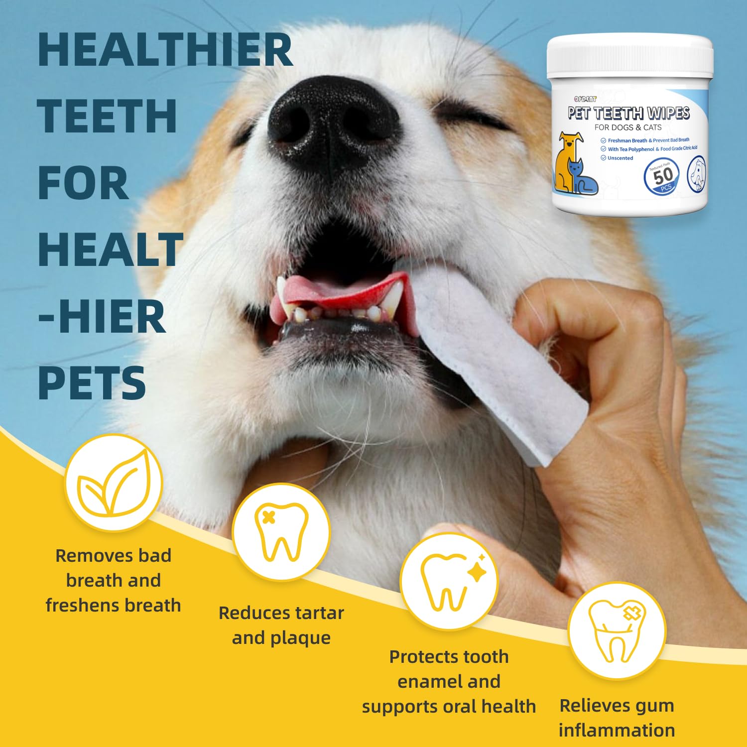 Dog Dental Wipes for Teeth Cleaning 50 Count, Unscented Pet Finger Toothbrush Alternative for Cats and Puppies, No-Rinse Breath Freshener with Coconut Oil - image 7