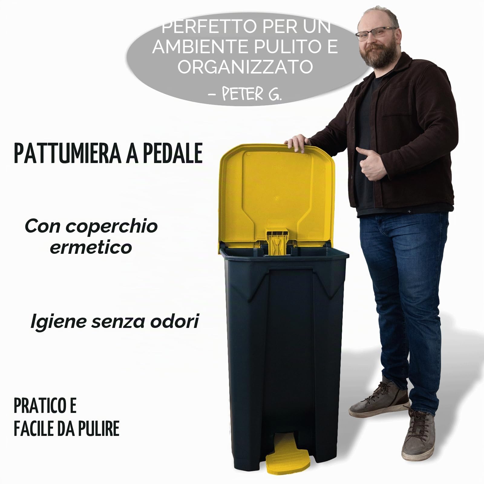 KARAT Pattumiera con coperchio ermetico, 2 maniglie, in plastica, per interni esterni, resistente alle intemperie, ideale per giardino ristorante (giallo (Olaf), 80 l)