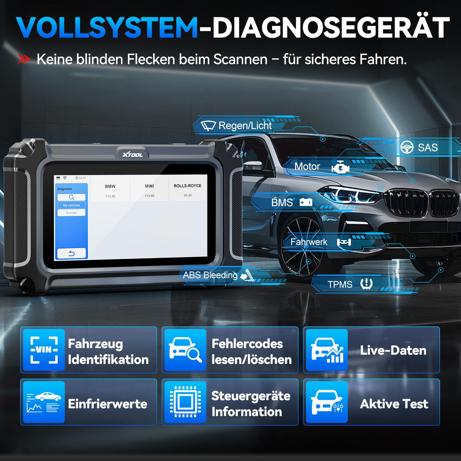 XTOOL IP500-BMR OBD2 Diagnosegerät für BMW/Mini/RR, ECU Codierung, Bidirektionale Steuerung, Vollsystem, Batterieregistrierung, 23+ Resets, ABS EPB SAS SRS DPF, Live-Daten, Lebenslang Updates