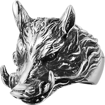 Men's Stainless Steel Domineering Lucky Wild Boar Head Ring Vintage Gothic Punk Rock Band