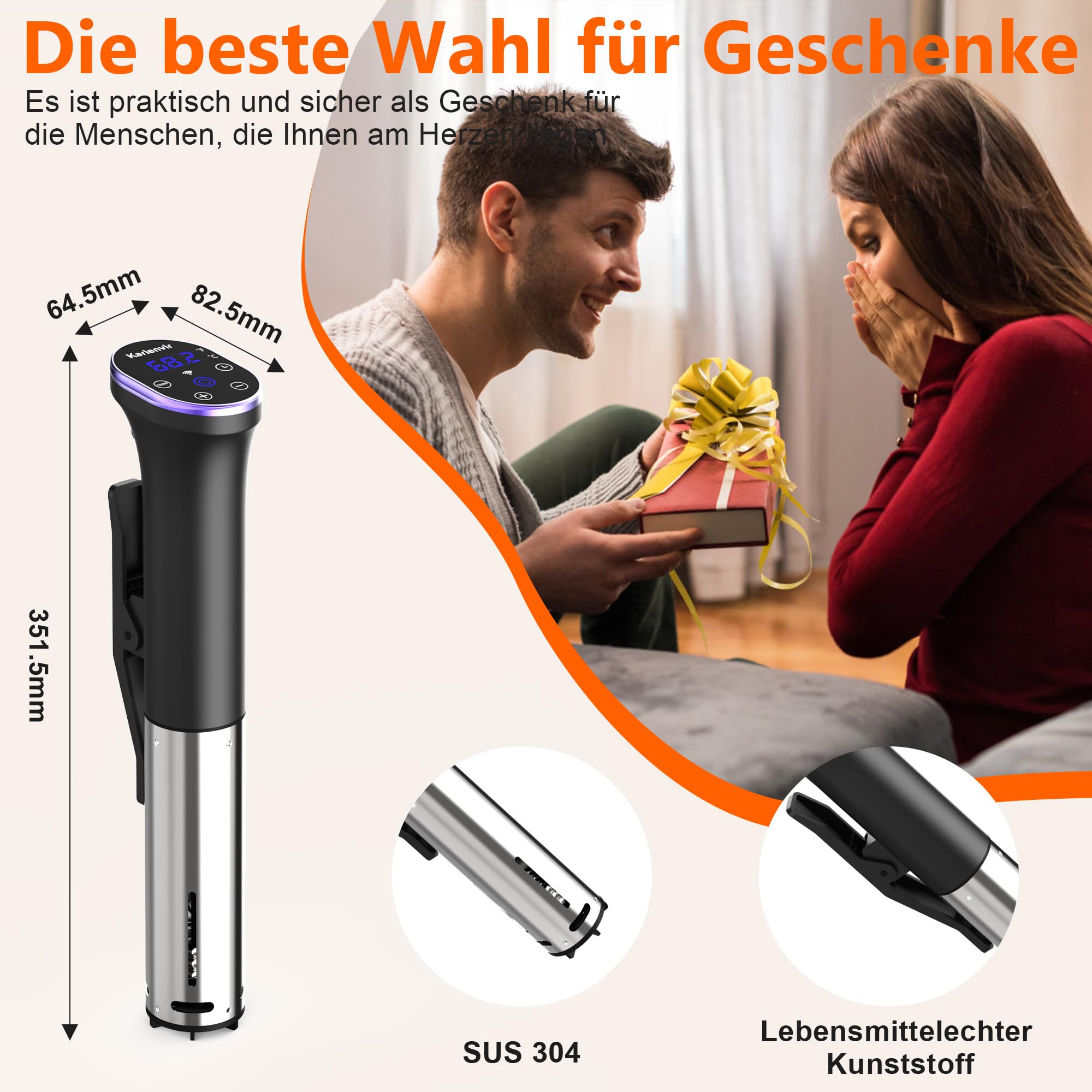 Sous Vide Garer Stick 1400W, Sous Vide Stick mit LCD Touchdisplay, Wifi Präzisionskocher Präziser, IPX7 Wasserdicht, 360° Präzisionskochtopf Immersion Zirkulation mit Timer