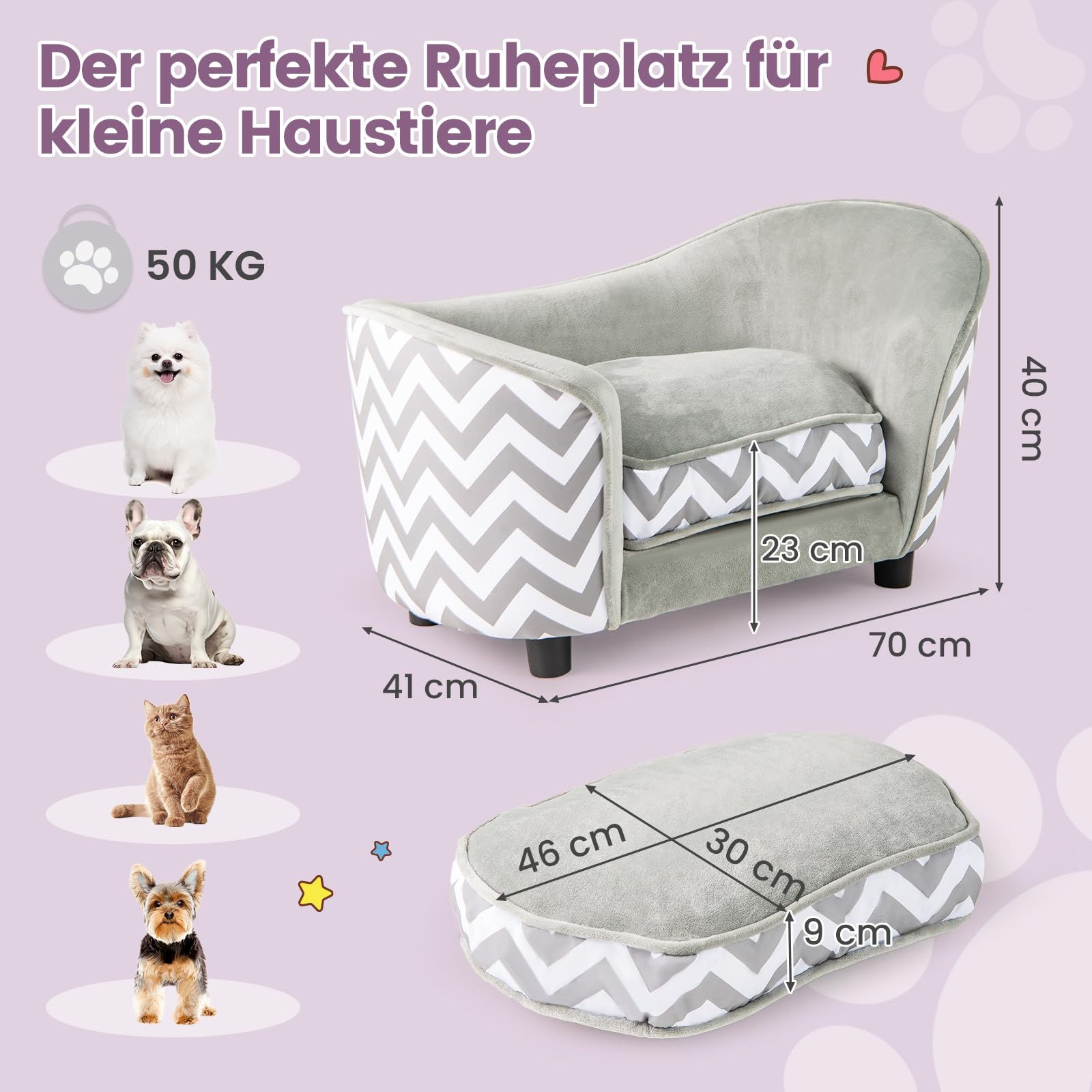 COSTWAY Legowisko dla kota, mała sofa dla psa, 70 x 41 x 40 cm, sofa dla kota z miękką, wyściełaną poduszką i poszewką nadającą się do prania, sofa dla małych psów, kotów, kanapa dla kotów do 50 kg