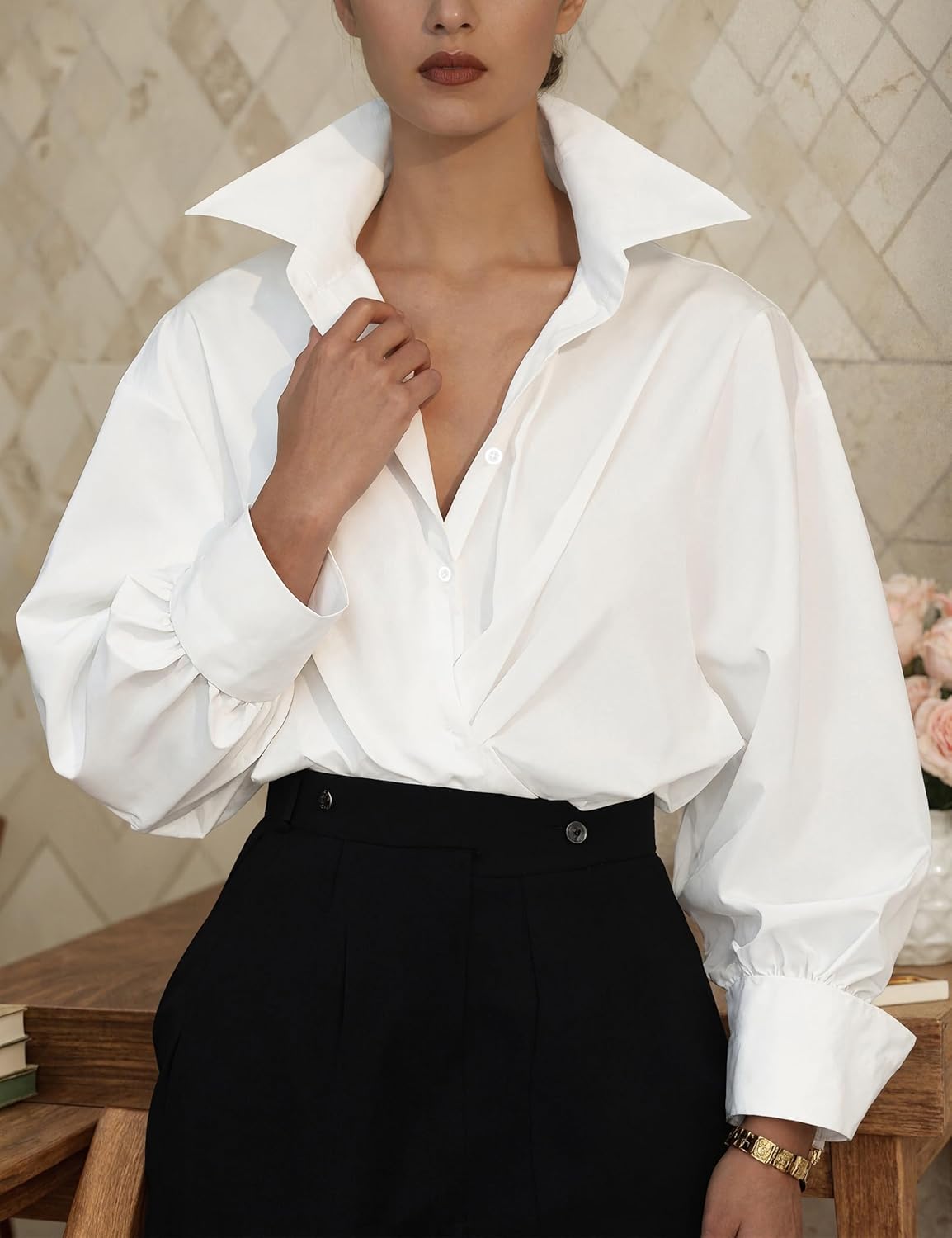 Womens Button Down Shirts Cotton Batwing Long Sleeve Blouses Casual Loose Fit Collared Oversized Tops for Fall Spring - Image 4