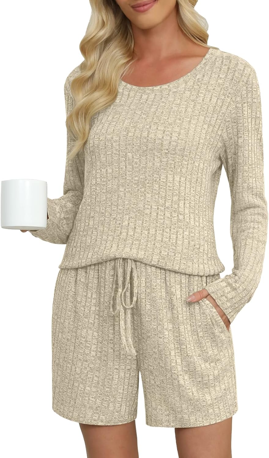 DouBCQ Womens Pajama Sets Ribbed Knit Lounge Set Long Sleeve Top and Shorts 2 Piece Casual Pjs with Pockets - Image 3