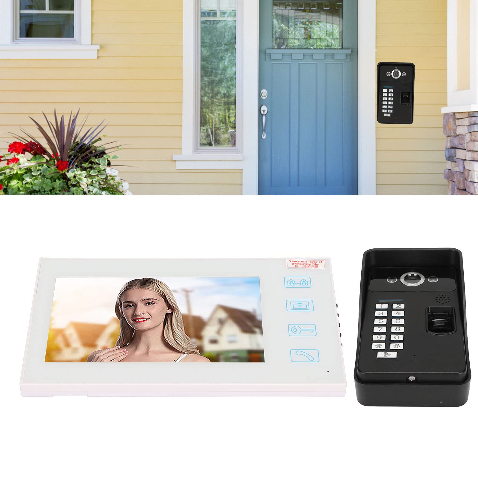 Sistema Videocitofono da 7 Pollici, Videocitofono Campanello Video HD LCD Vivavoce Monitor Videocitofono, Monitor Password Identificazione Impronte Digitali TFT Cablato con Visione Notturna per la(#1)