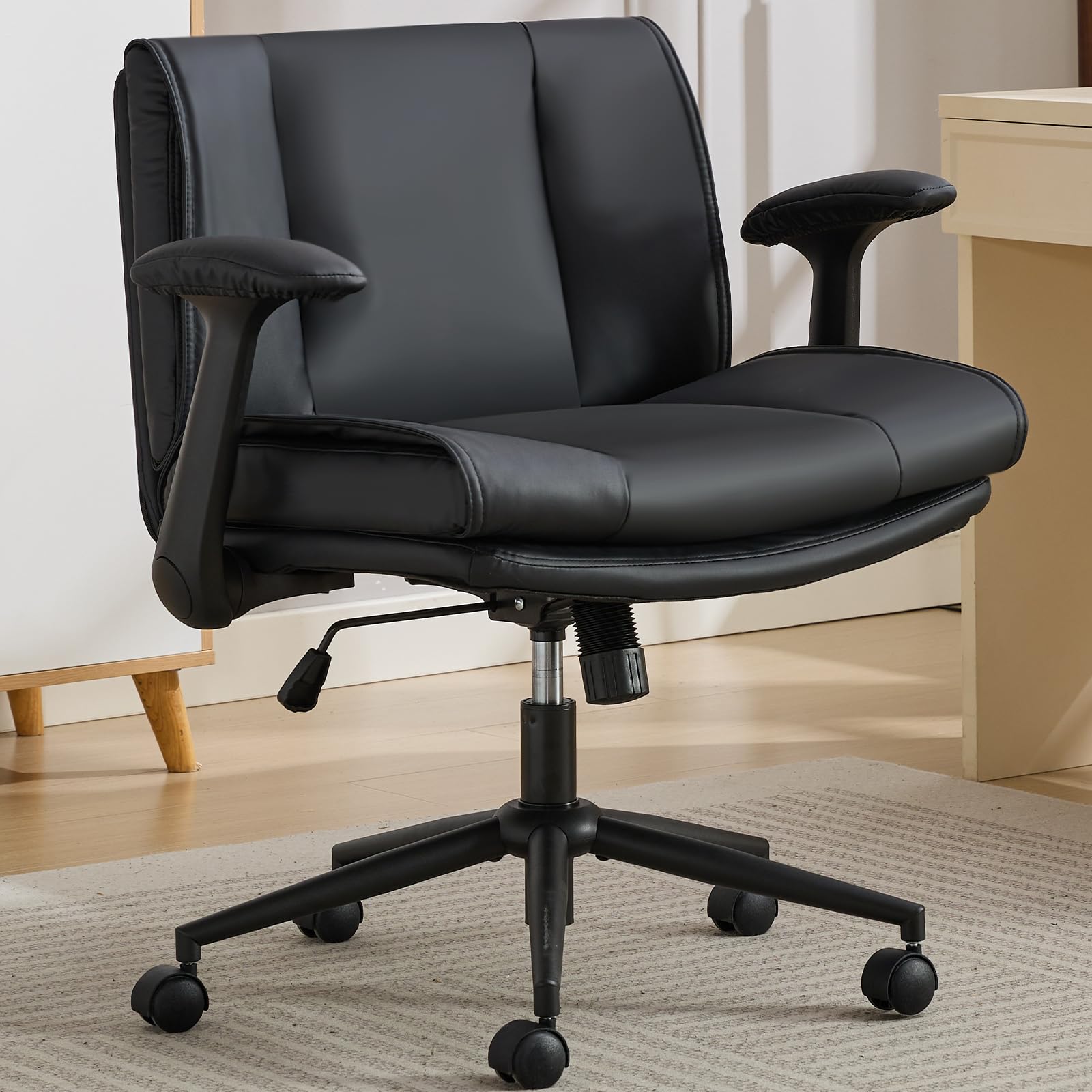 Criss Cross Chair with Flip-Up Armrests Leather, Cross Legged Office Chair on Wheels, Comfy Swivel Chair with Wide Seat for Home Office, Vanity,