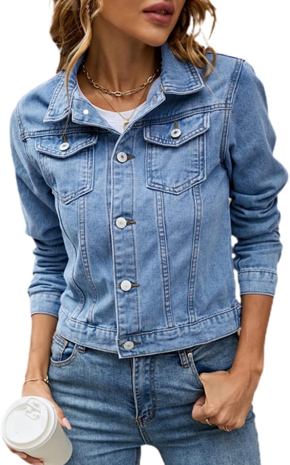 Women’s Cropped Denim Jacket Long Sleeve Button Down Jean Shacket Chest Pockets Casual Lightweight Outerwear