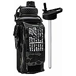 Iron Infidel Battle Bottle - 32 Oz Insulated Water Bottle with Straw Lid & Chug Cap, Stainless Steel Metal Tactical Flask With Rugged, Removable Sleeve for Keys & Phone or Wallet (Black Camo 1 Liter)